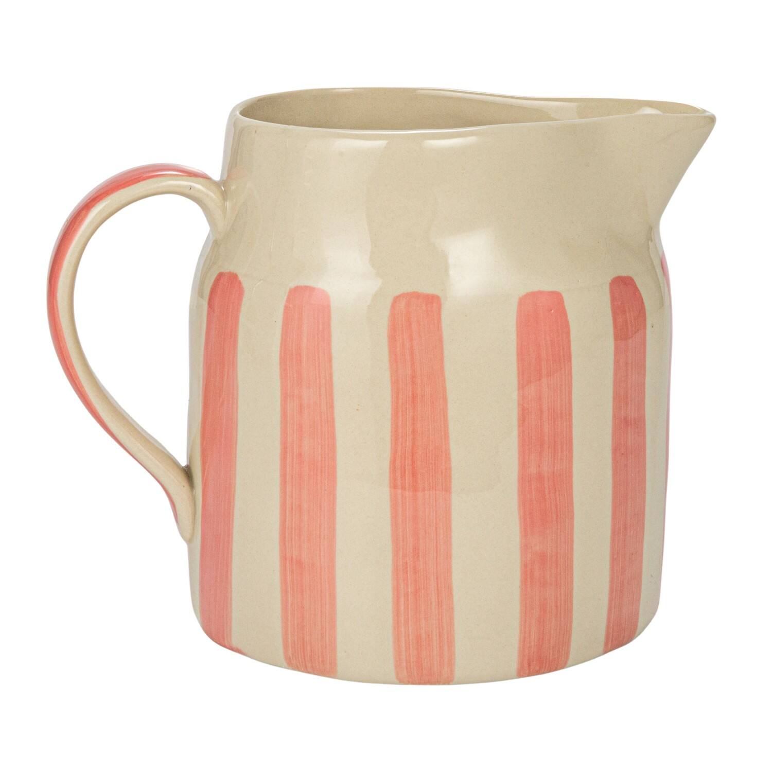 9&#x22; Hand-Painted Wax Relief Pink Sriped Stoneware Pitcher