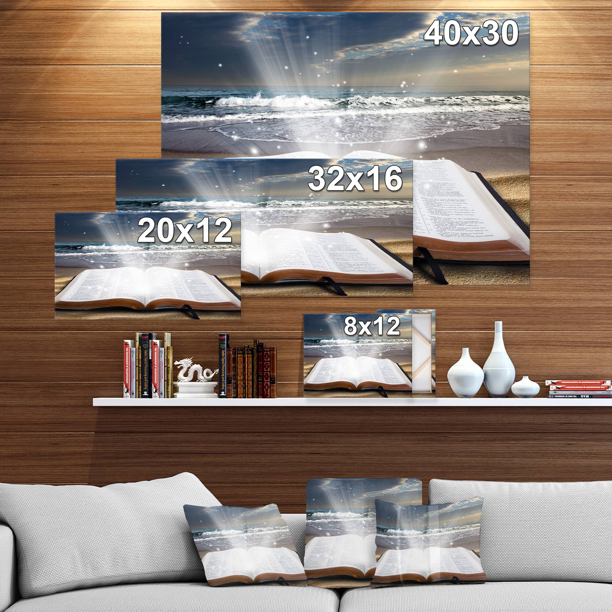 Designart - Jesus Bible at beach - Religious Art on Wrapped Canvas