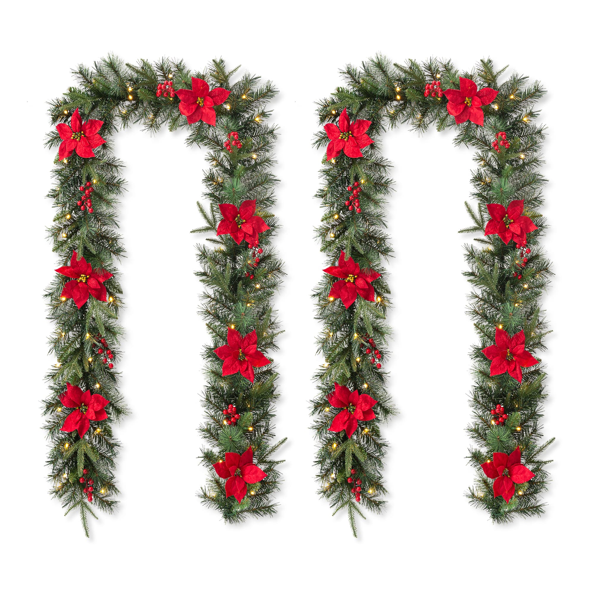 Glitzhome® 9ft. Pre-Lit Greenery Pine Poinsettia and Berries Christmas Garland with LED Lights and Timer