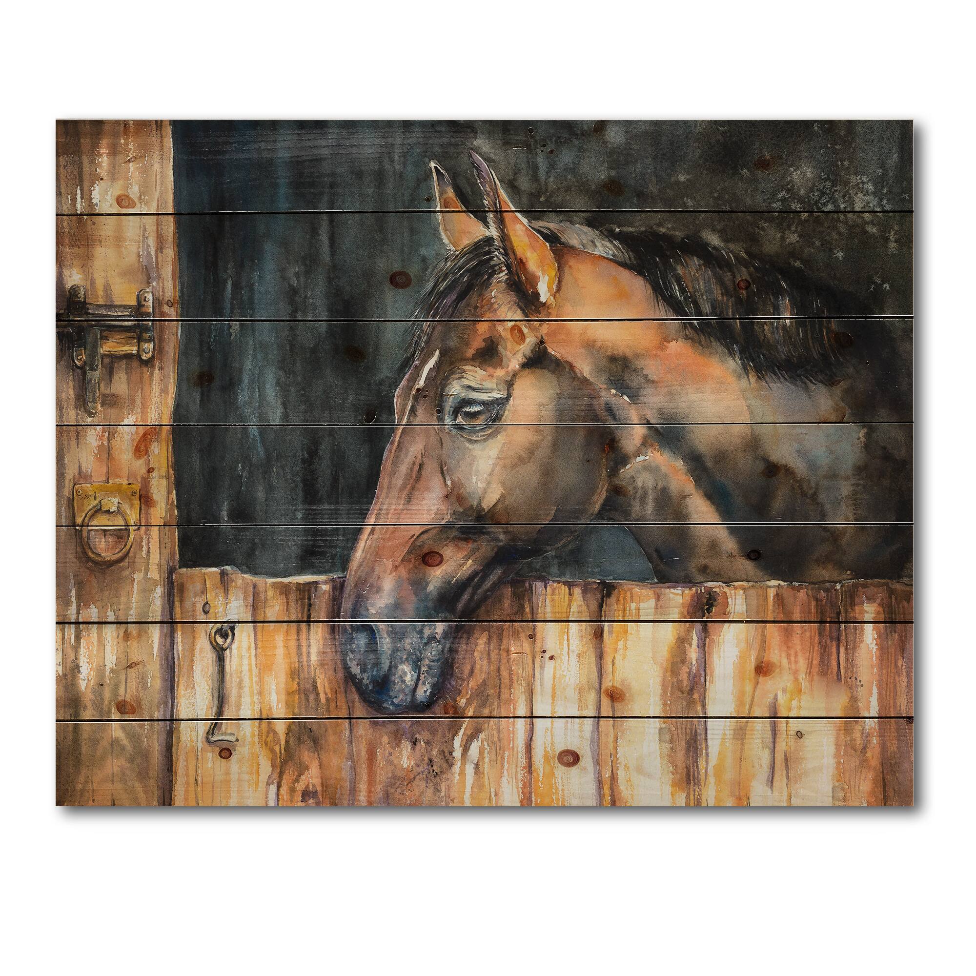 Designart - The Head of A Horse In Stable - Farmhouse Print on Natural Pine Wood