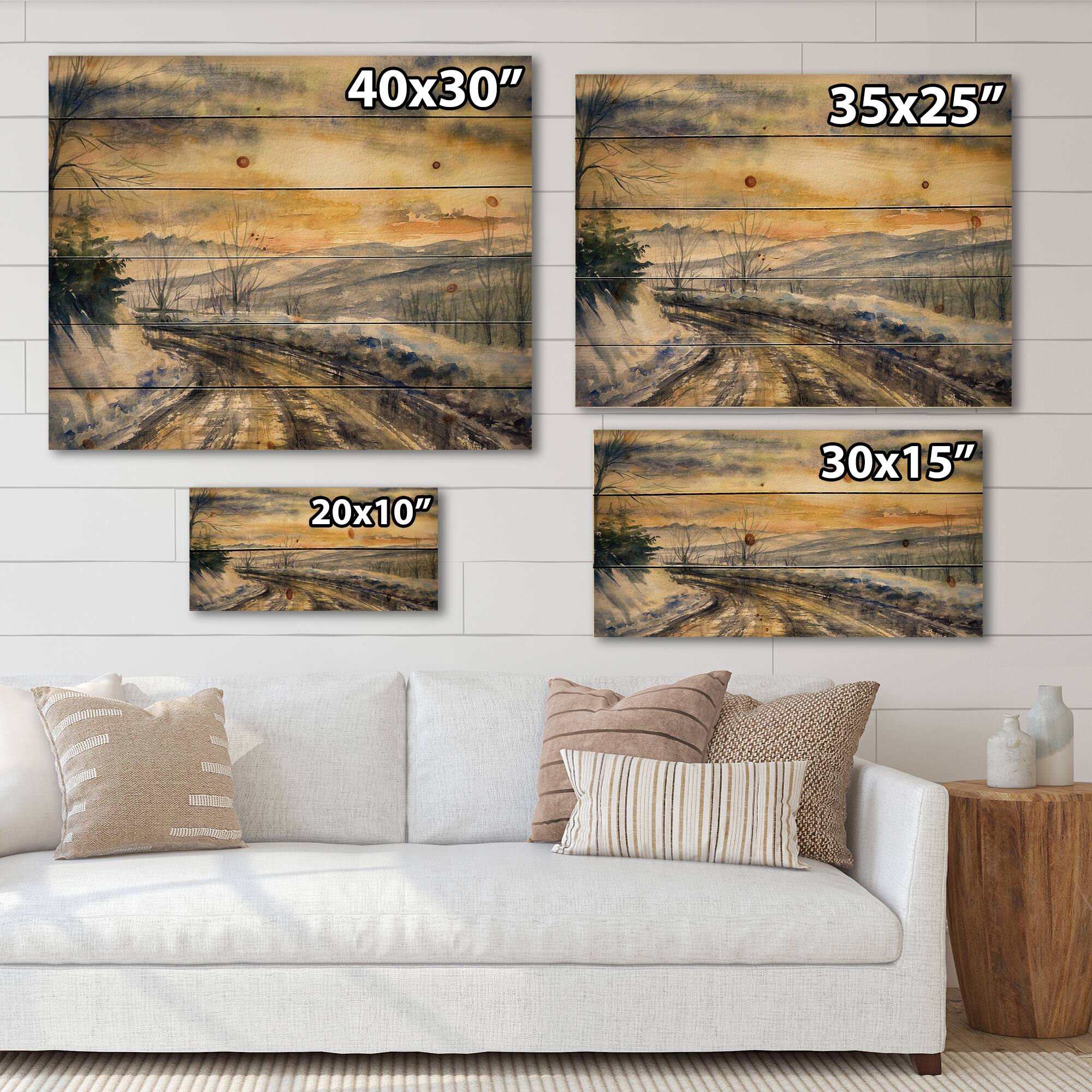 Designart - Winter Landscape With Road Under Bright Sunset - Traditional Print on Natural Pine Wood