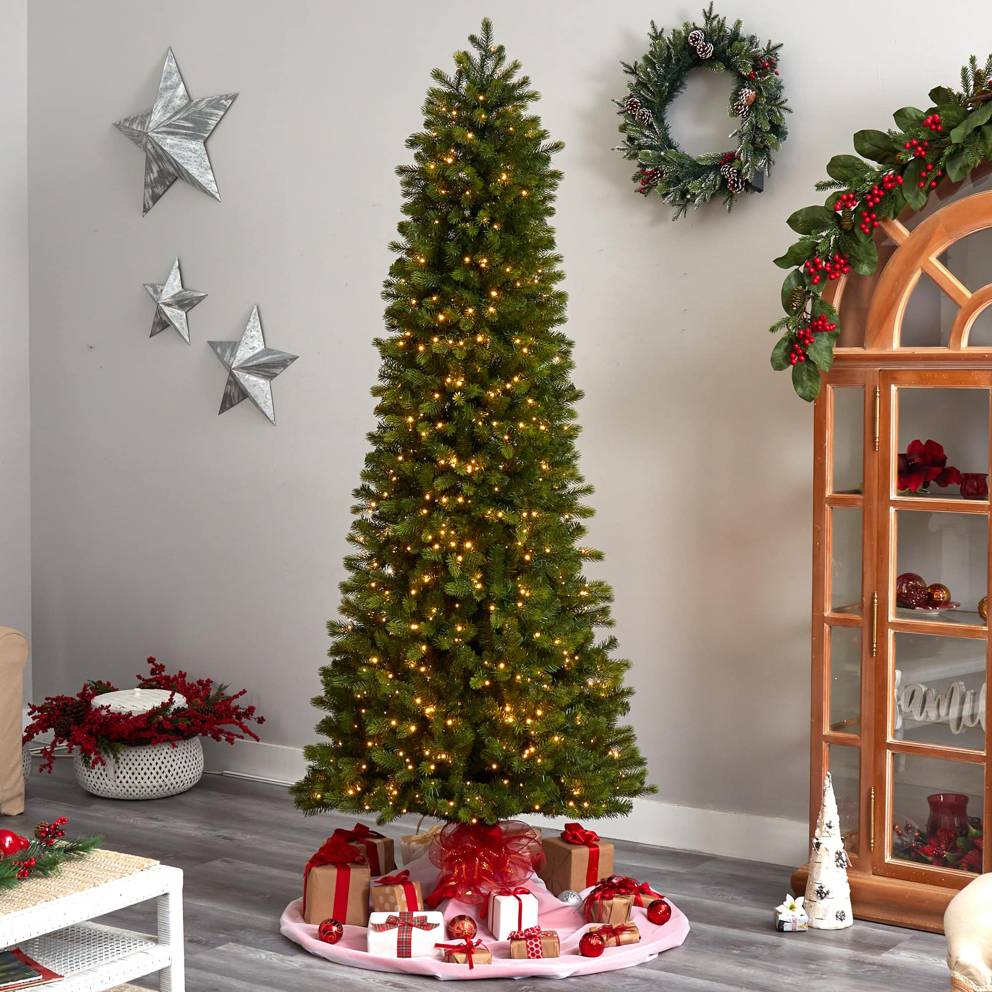 8.5ft. Pre-Lit Slim Colorado Mountain Spruce Artificial Christmas Tree, Multifunction White Micro LED Lights