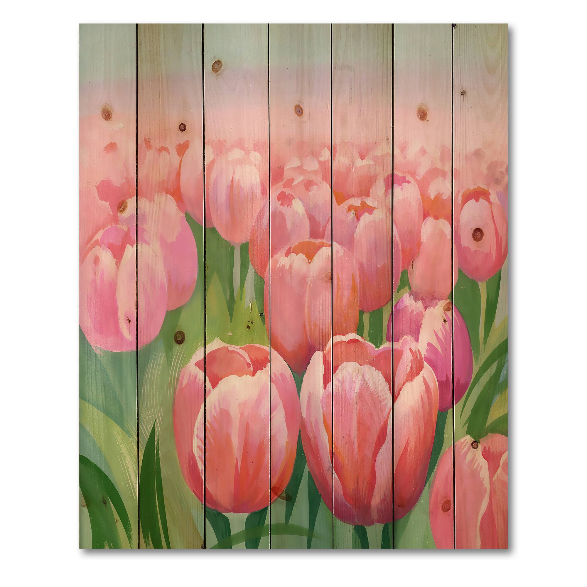 Designart - Field of Pink Tulips - Traditional Print on Natural Pine Wood