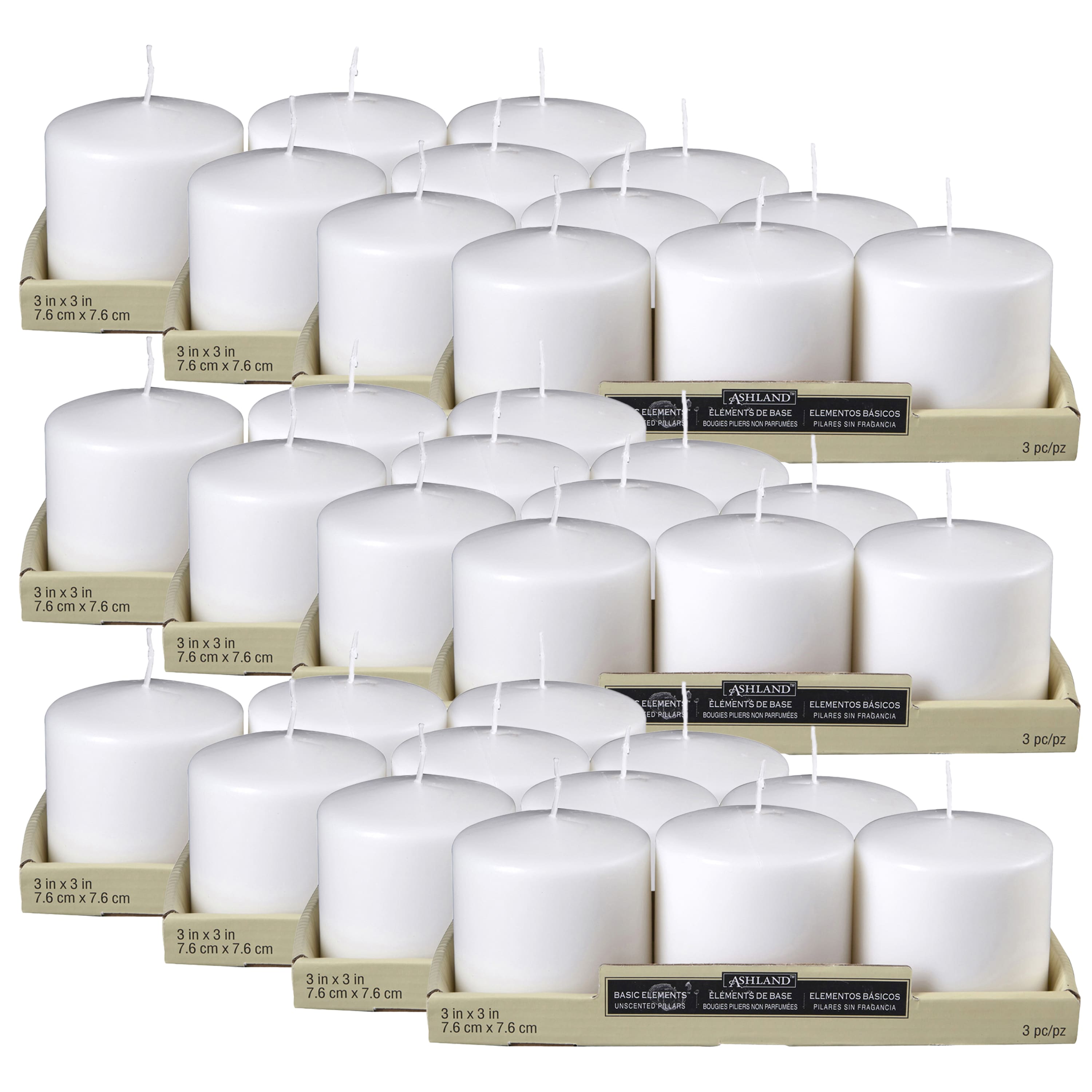 12 Packs: 3 ct. (36 total) Basic Elements&#x2122; White Pillar Candles by Ashland&#xAE;