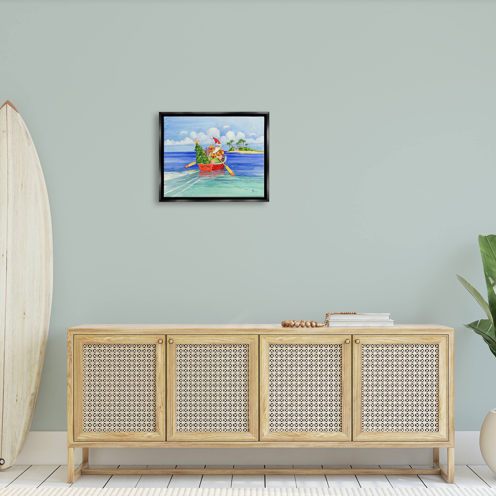 Stupell Industries Santa's Delivery Tropical Christmas Boat Framed Floater Canvas Wall Art