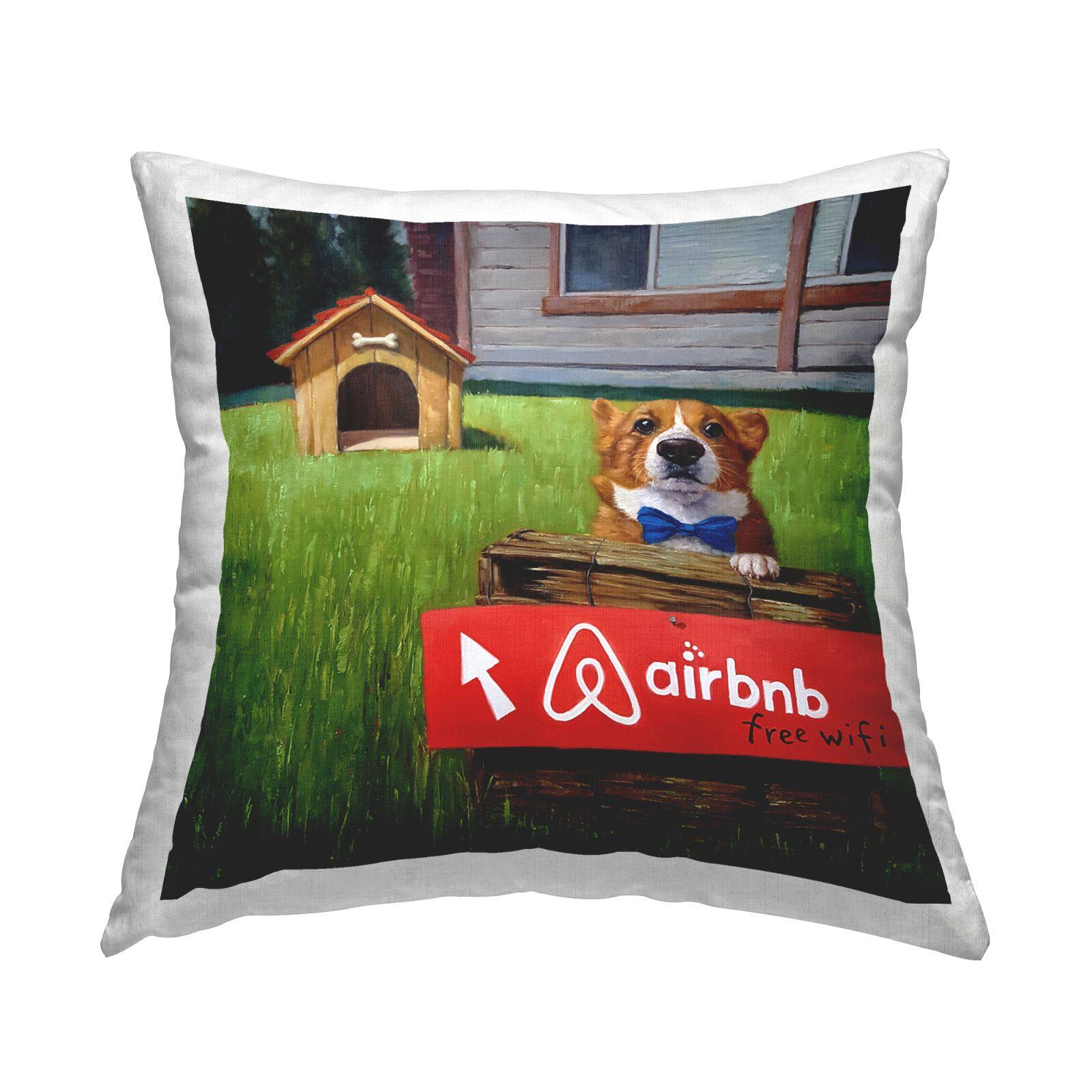 Stupell Industries Doghouse Rental Bowtie Humorous Backyard Corgi Throw Pillow, 18" x 18"