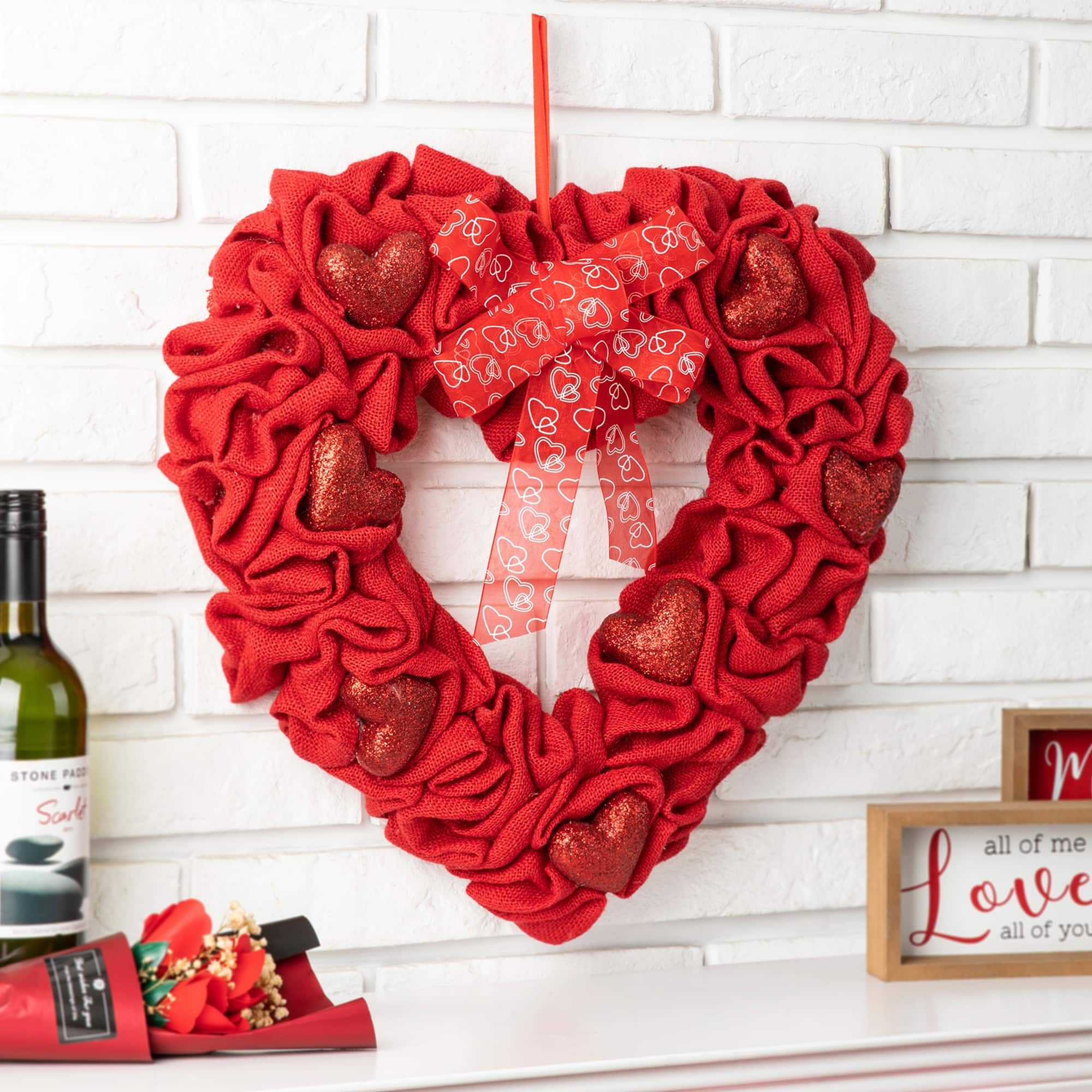 Glitzhome&#xAE; 19.25&#x22; Fabric Valentine&#x27;s Heart Wreath