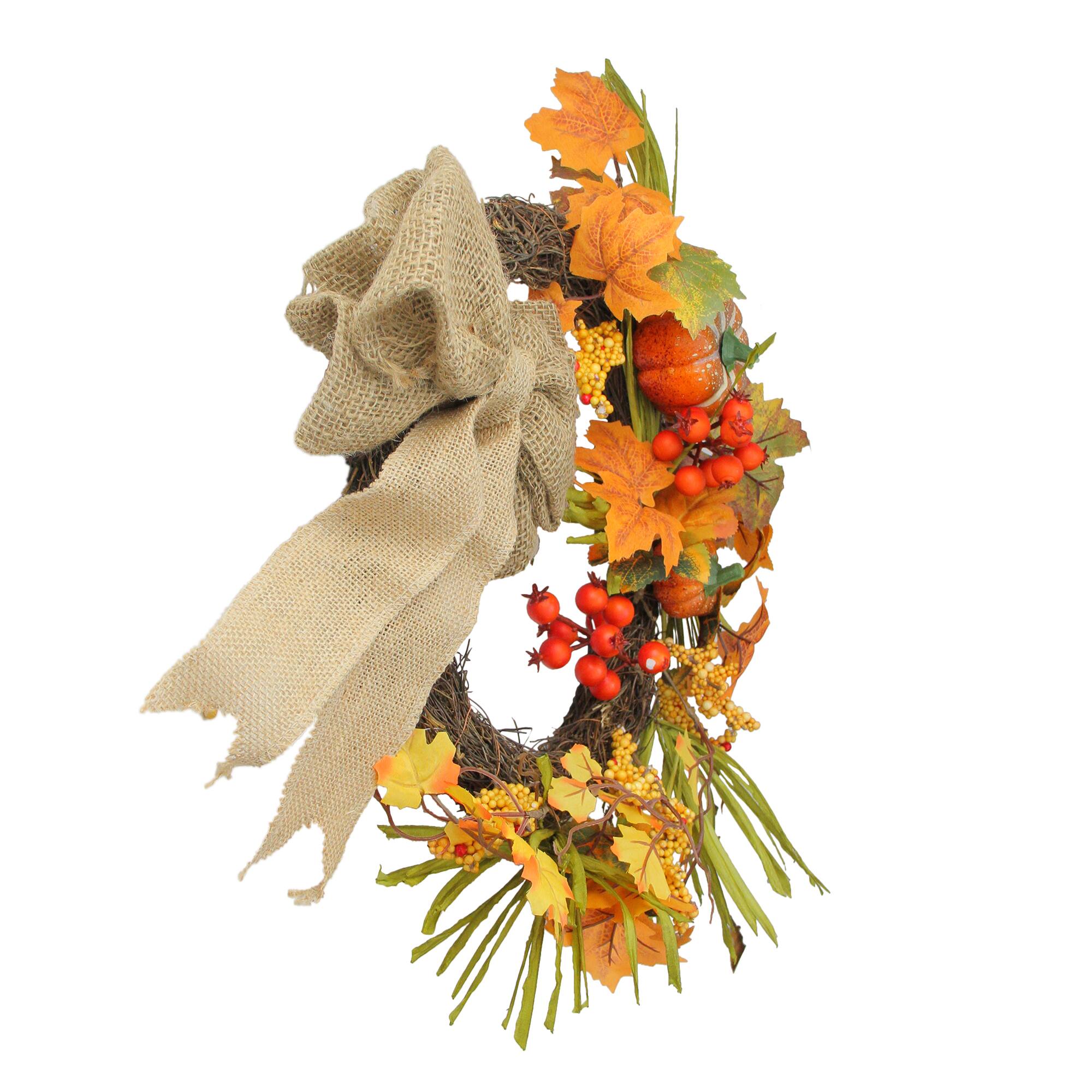 20" Autumn Harvest Decorative Artificial Pumpkins, Berries and Leaves Wreath with Burlap Bow