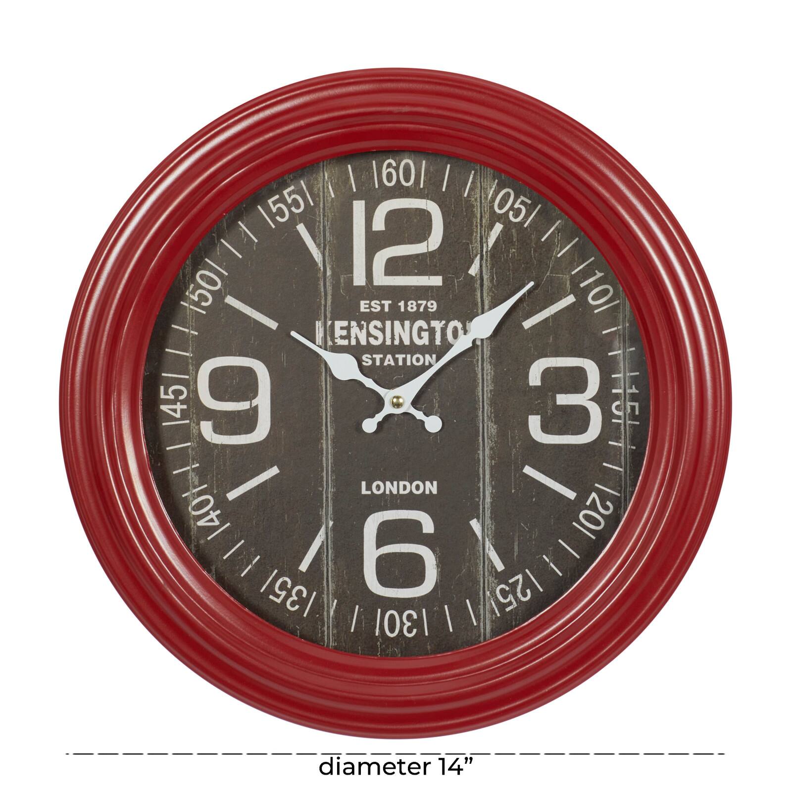 Farmhouse Round Red Metal and Wood Kensington Station Wall Clock, 14" x 14" x 2.60"