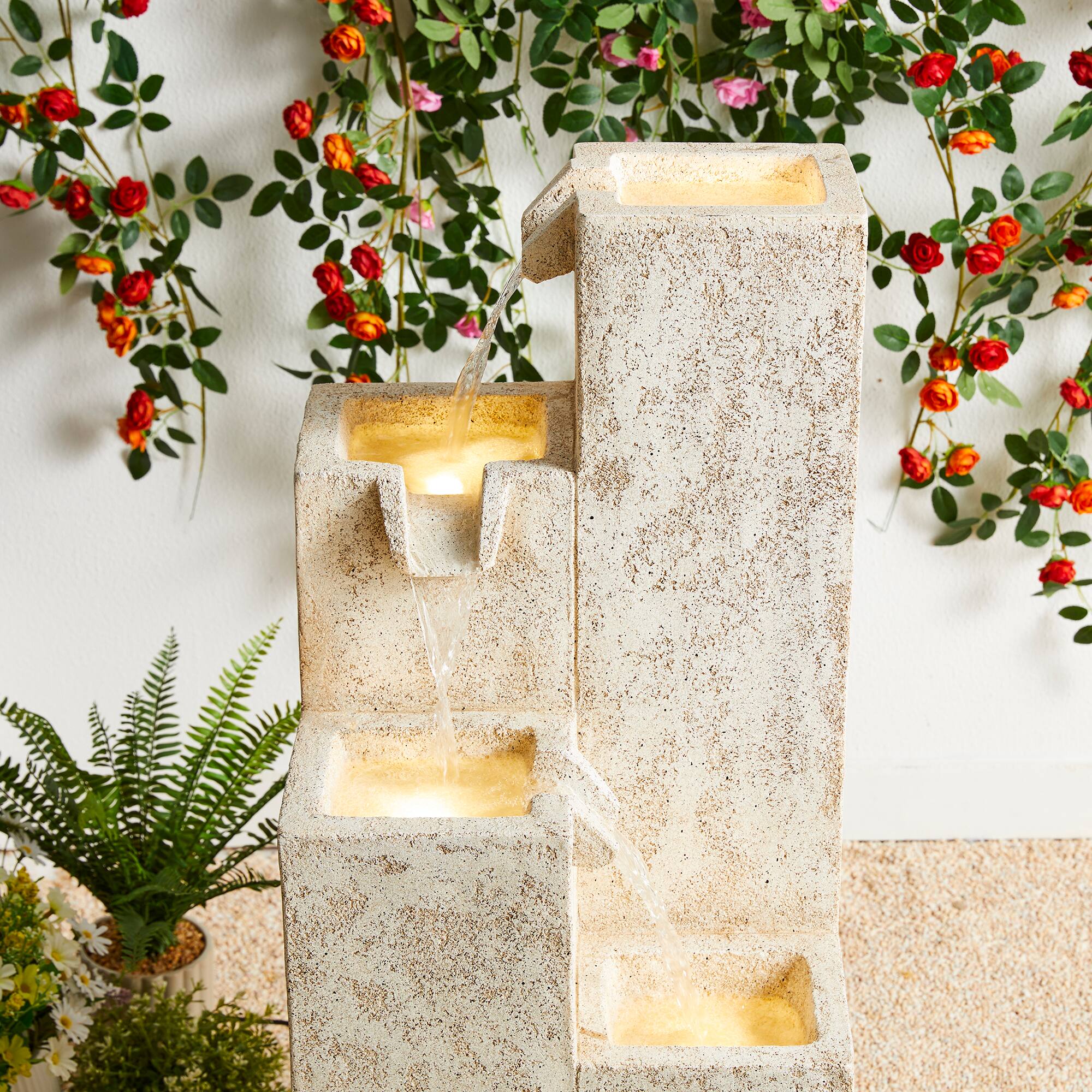 Glitzhome&#xAE; 34&#x22; 4-Tier Faux Terrazzo Geometric Square Column Outdoor Fountain with LED Light