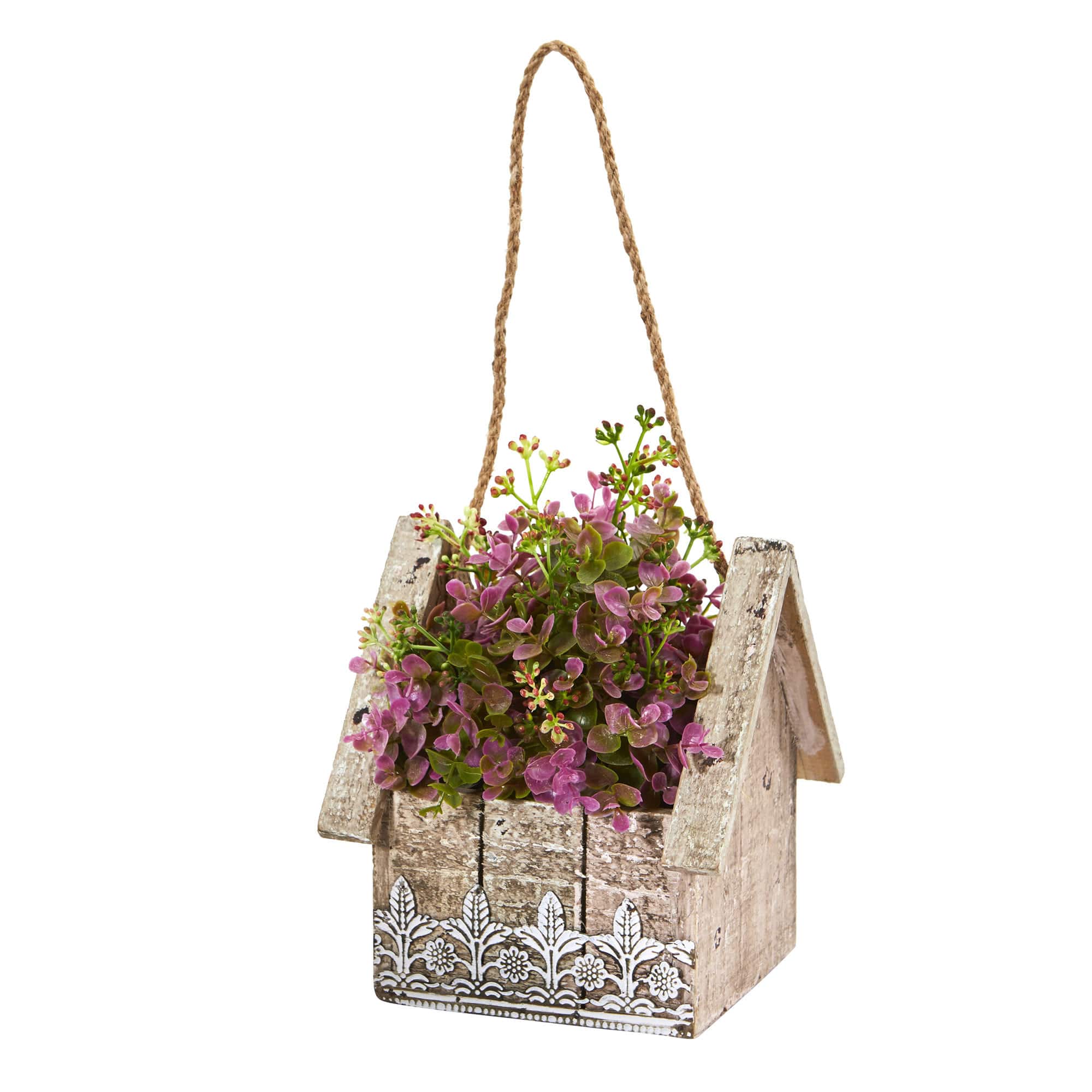 11" Sedum & Eucalyptus Plant in Birdhouse Hanging Basket