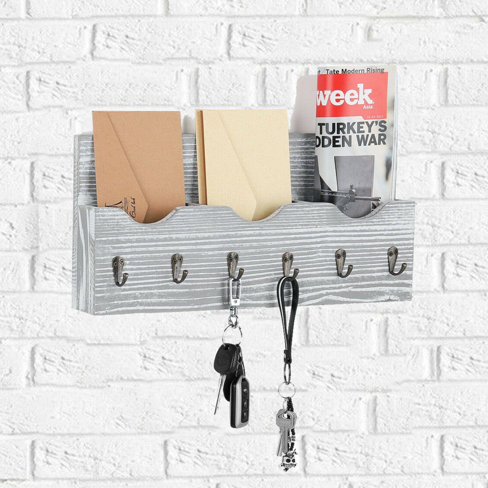 NEX™ Rustic White Wall Mounted Mail Holder & Organizer with 6 Key Hooks