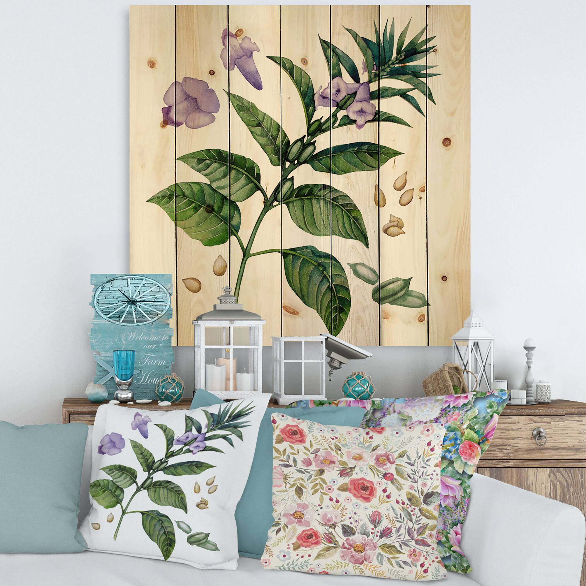 Designart - Purple Sesame Flowers WIth Green Leaves - Traditional Print on Natural Pine Wood