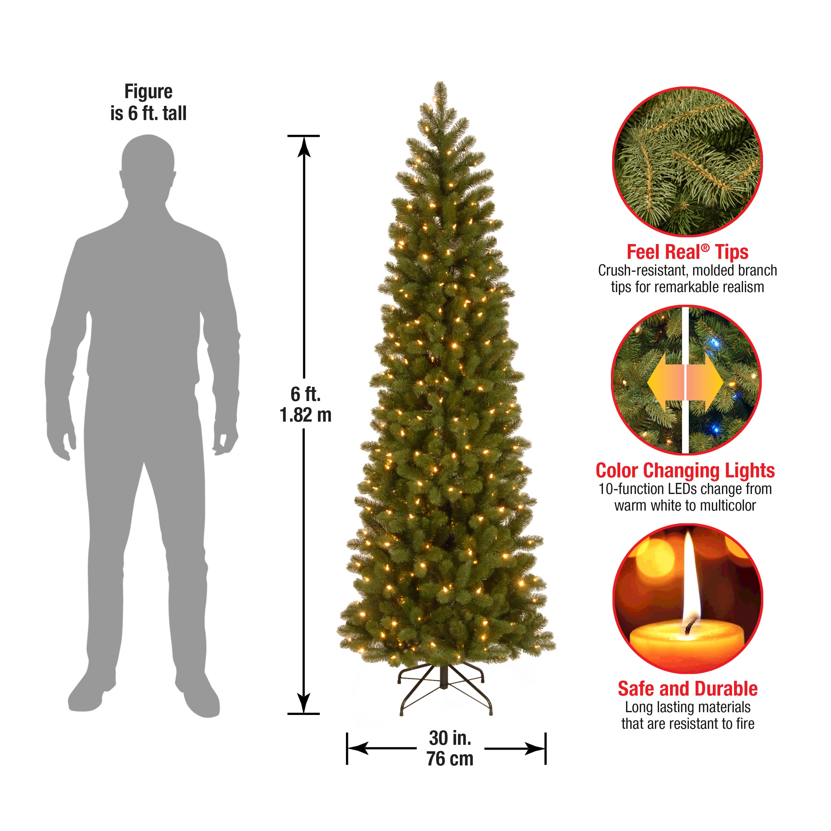 6.5 Ft. Pre-Lit Feel Real&#xAE; Downswept Douglas Fir Pencil Slim Artificial Christmas Tree, Dual Color LED Lights