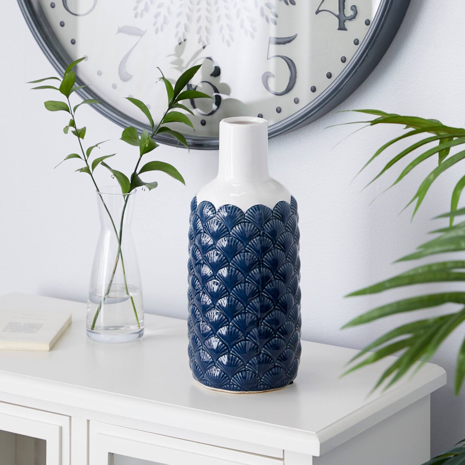Blue Ceramic Coastal Vase, 13" x 6" x 6"