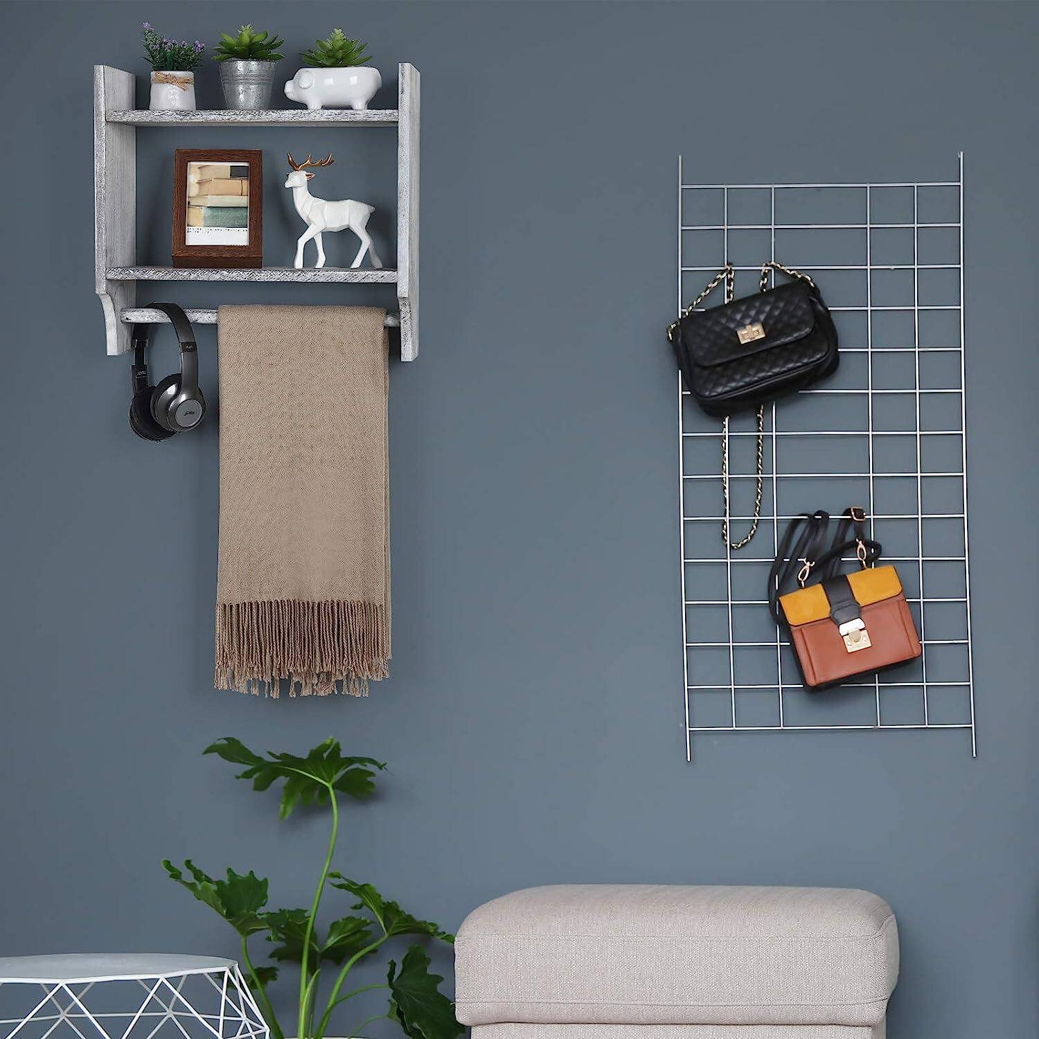 2-Tier Wood Wall Mounted Bathroom Shelf with Towel Rack