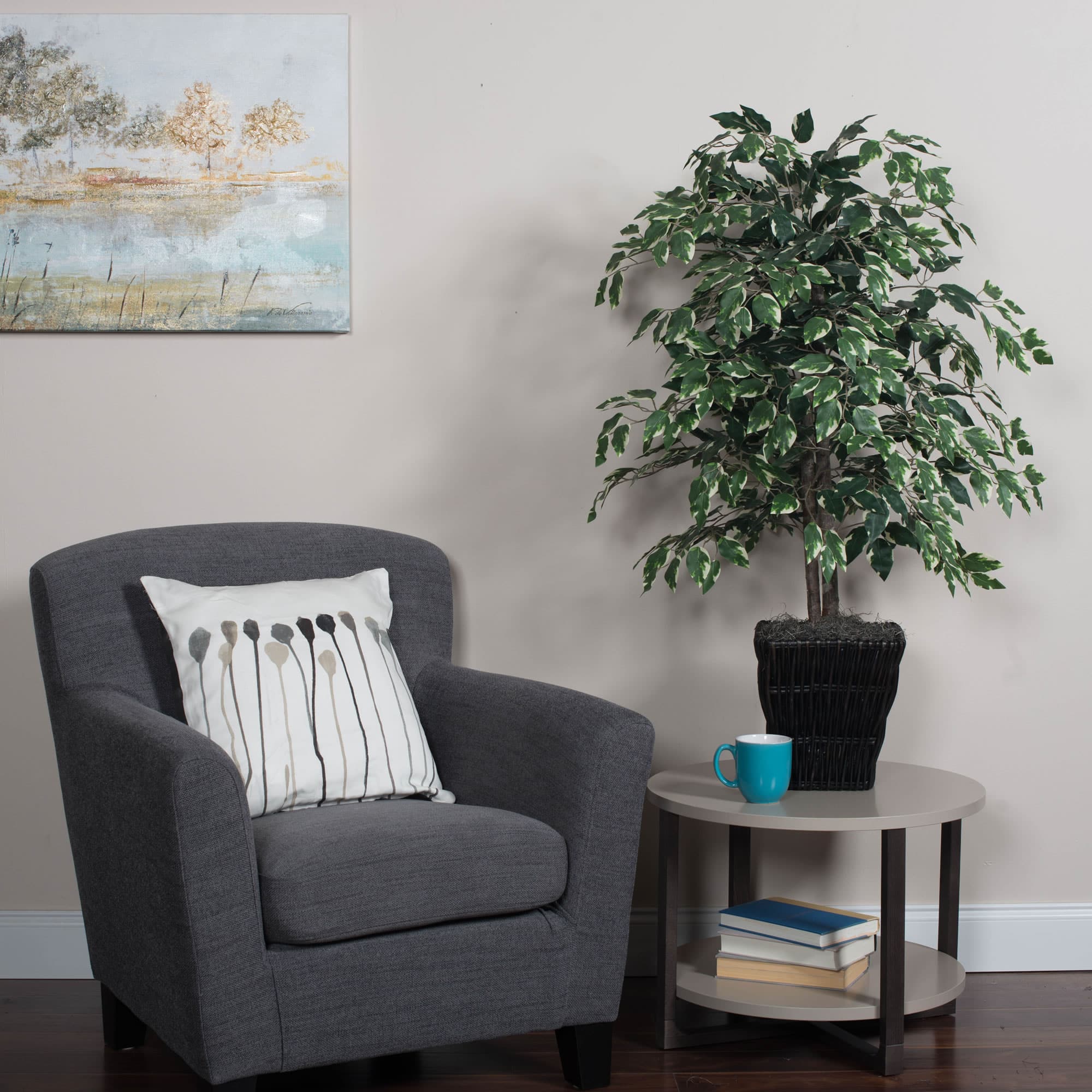 4ft. Artificial Variegated Ficus Bush with Square Willow Basket
