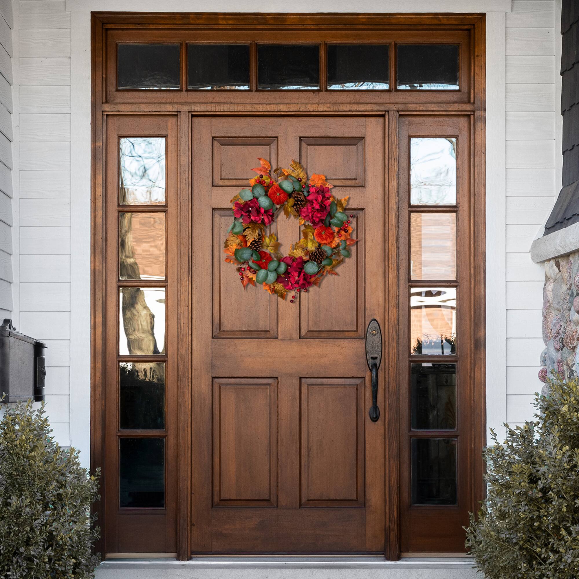 22" Orange & Burgundy Fall Harvest Artificial Floral & Pinecone Wreath