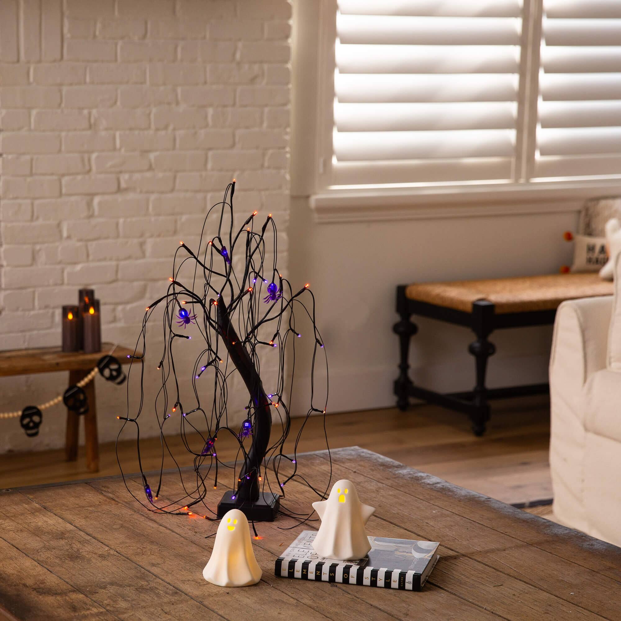 2ft. Pre-Lit Halloween Artificial Black Spooky Spider Willow Tree with 60 Orange &#x26; Purple LED Lights