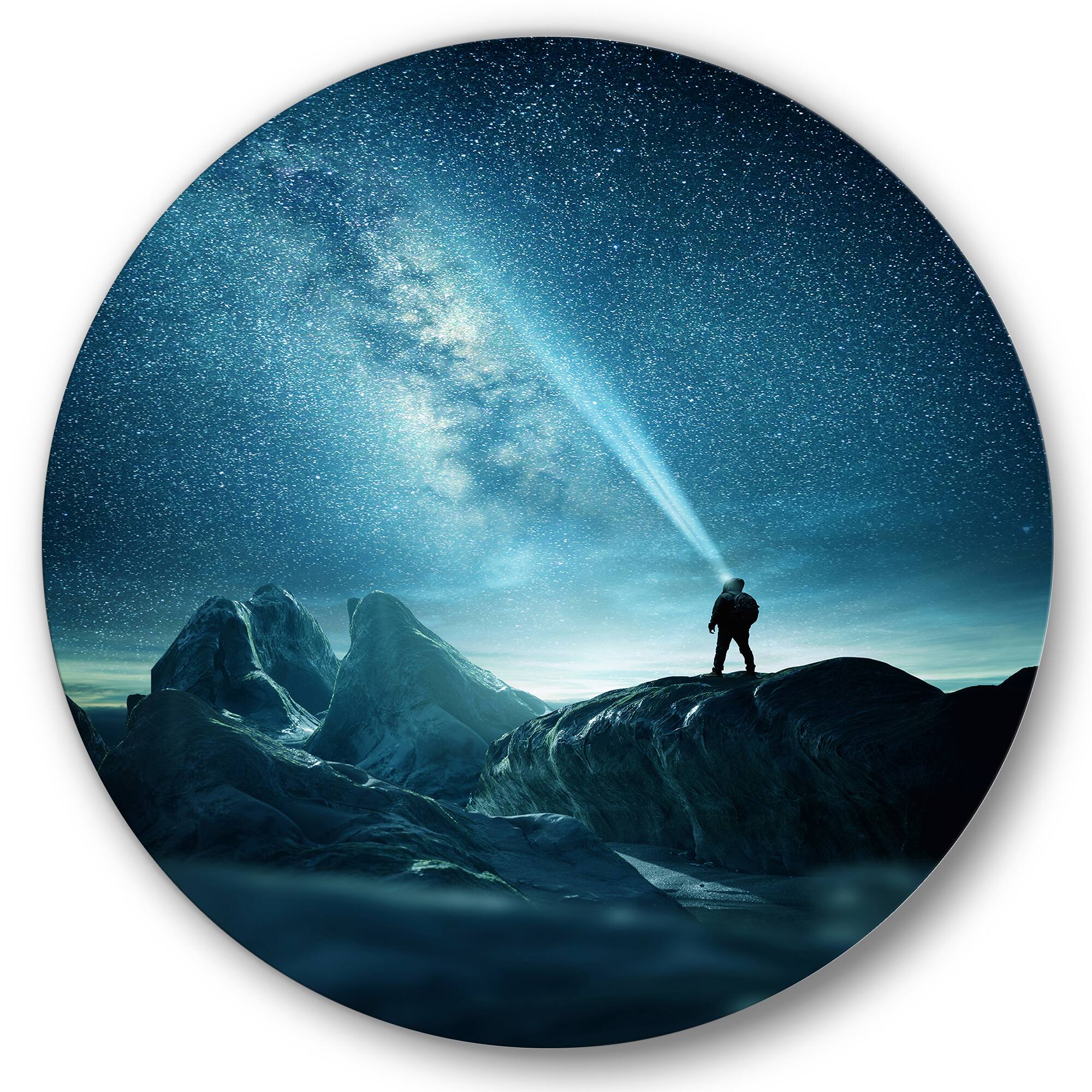 Designart - A Man Shining A Light Into The Night Sky - Modern Metal Circle Wall Art in Blue | 36" x 36" | Michaels®