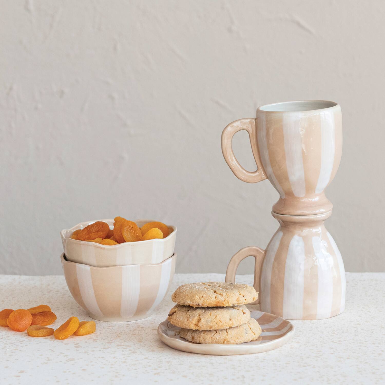 Hello Honey&#xAE; 14oz. Brown &#x26; White Stripe Hand-Painted Stoneware Footed Mug, 4ct.