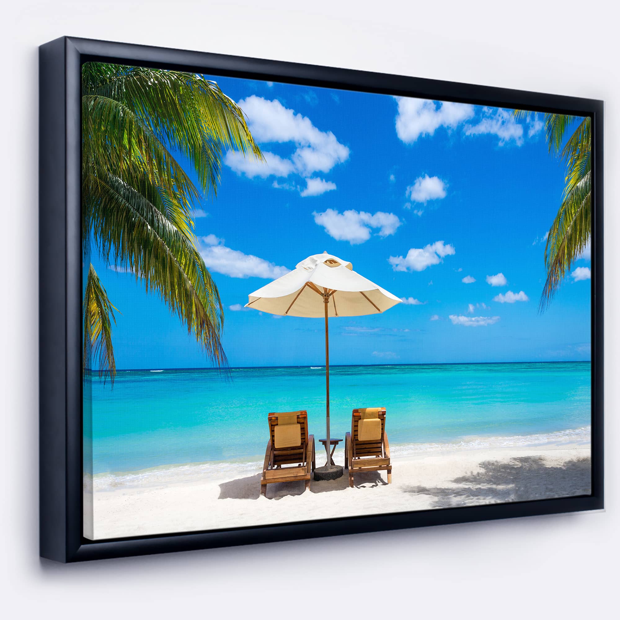 Designart - Turquoise Beach with Chairs - Seashore Photo Framed Canvas Print