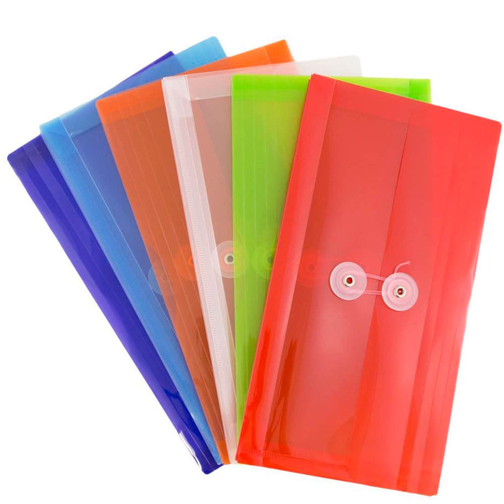 JAM Paper 5.25" x 10" Assorted Button & String Tie Closure Plastic Envelopes, 6ct.