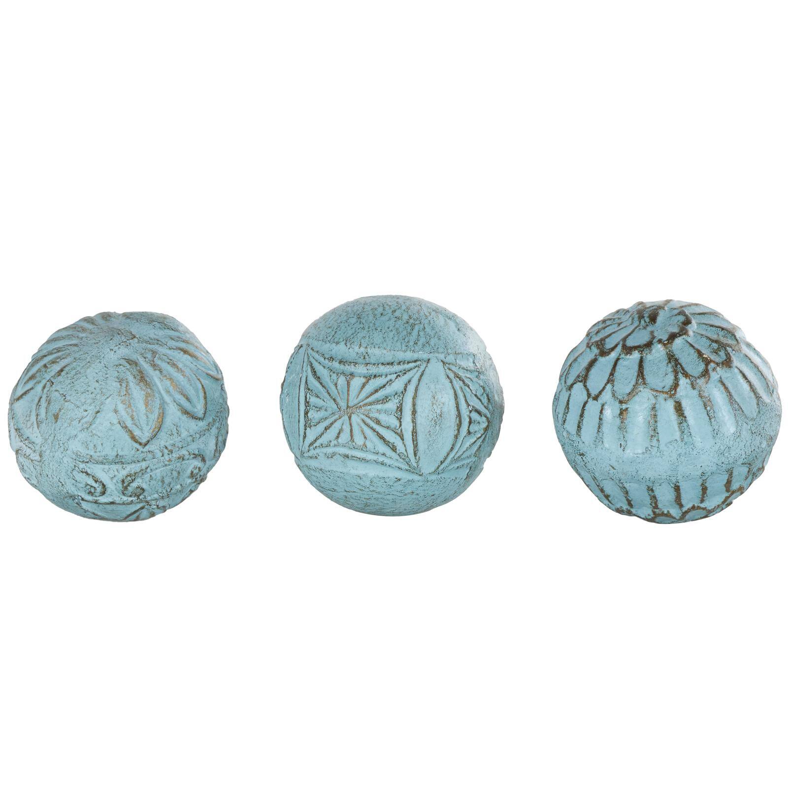 4" Blue Paper Mache Carved Decorative Ball Orbs Set