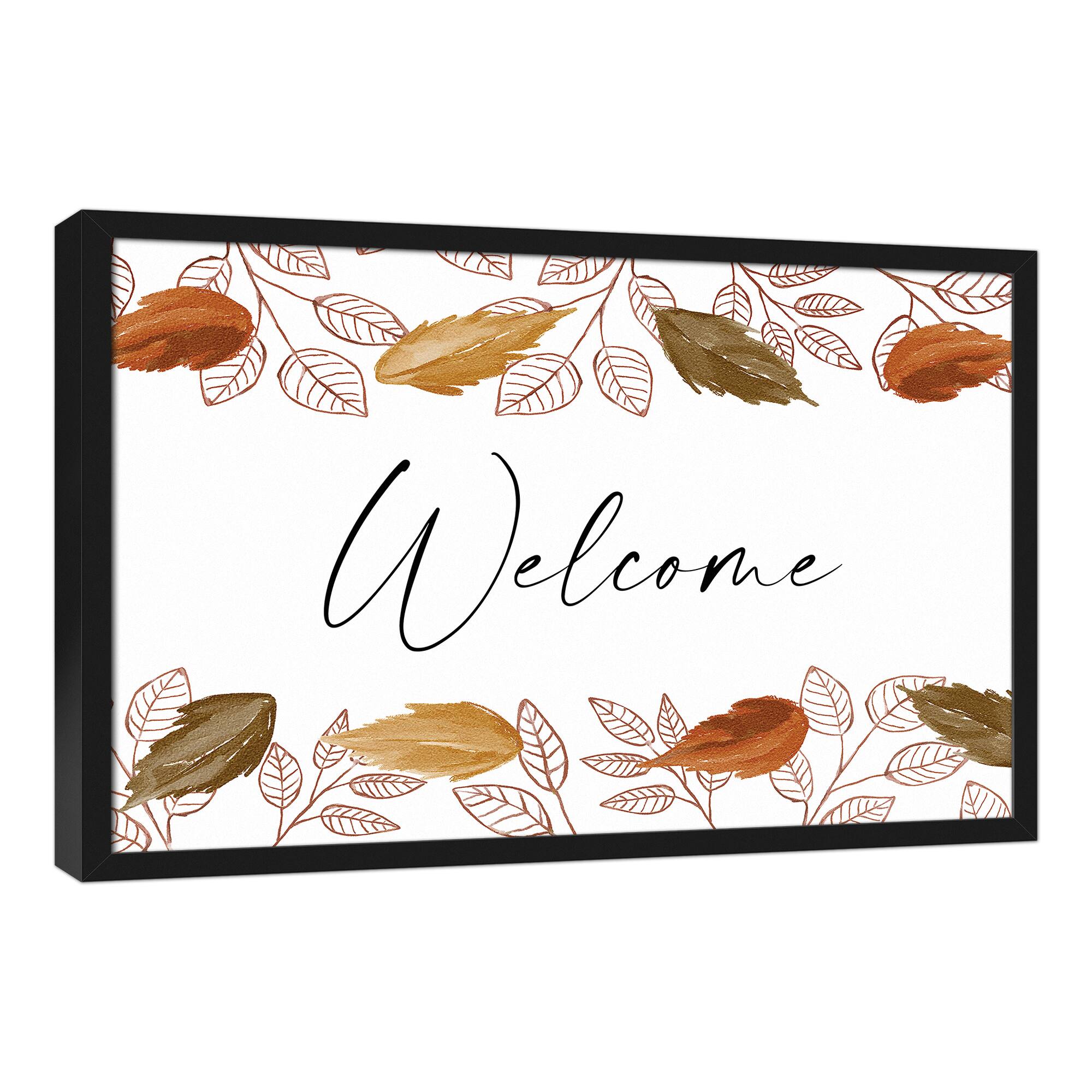 Autumn Leaves Cascading Welcome Canvas Wall Art with Black Frame