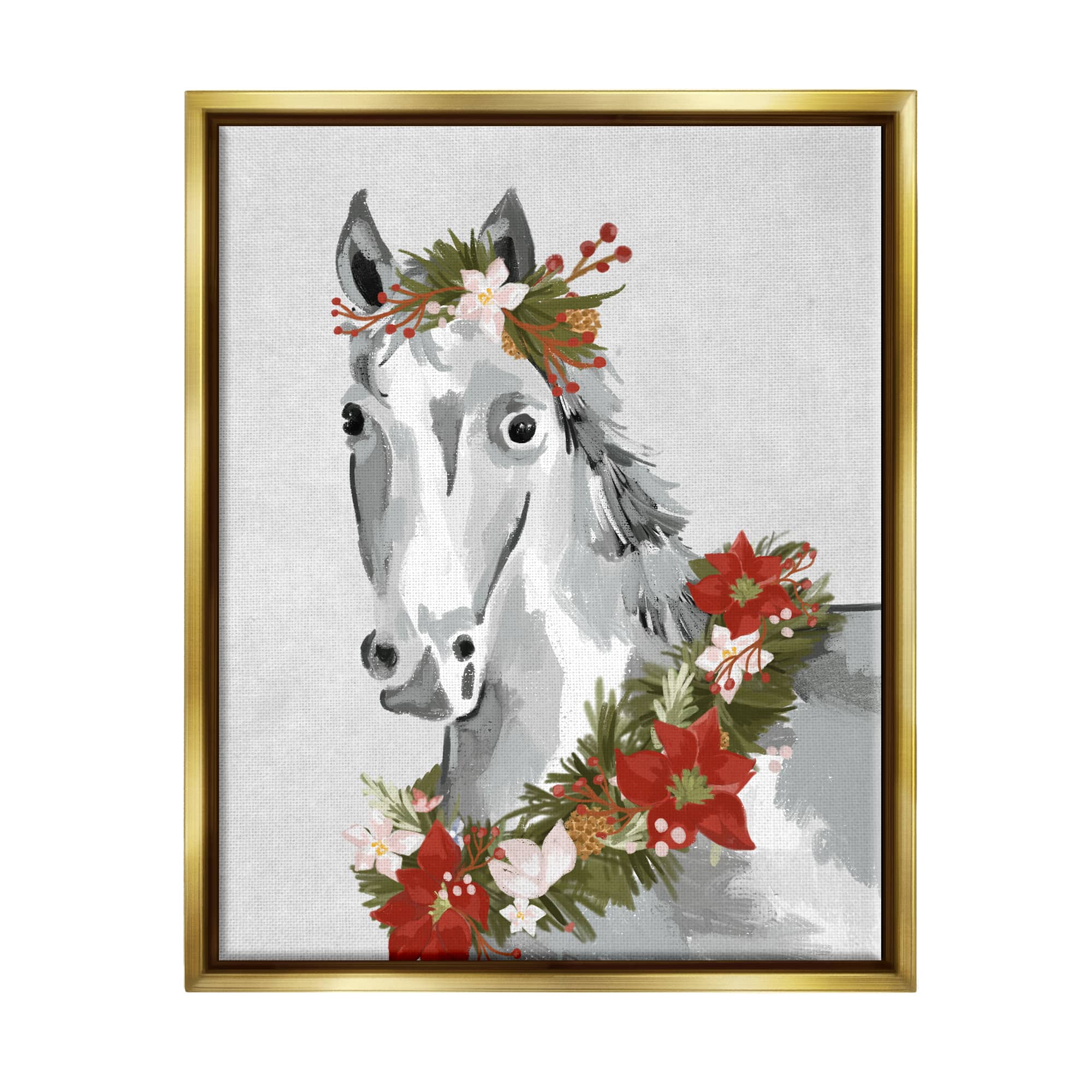 Stupell Industries Festive Holiday Horse Holly Wreath Framed Floater Canvas Wall Art