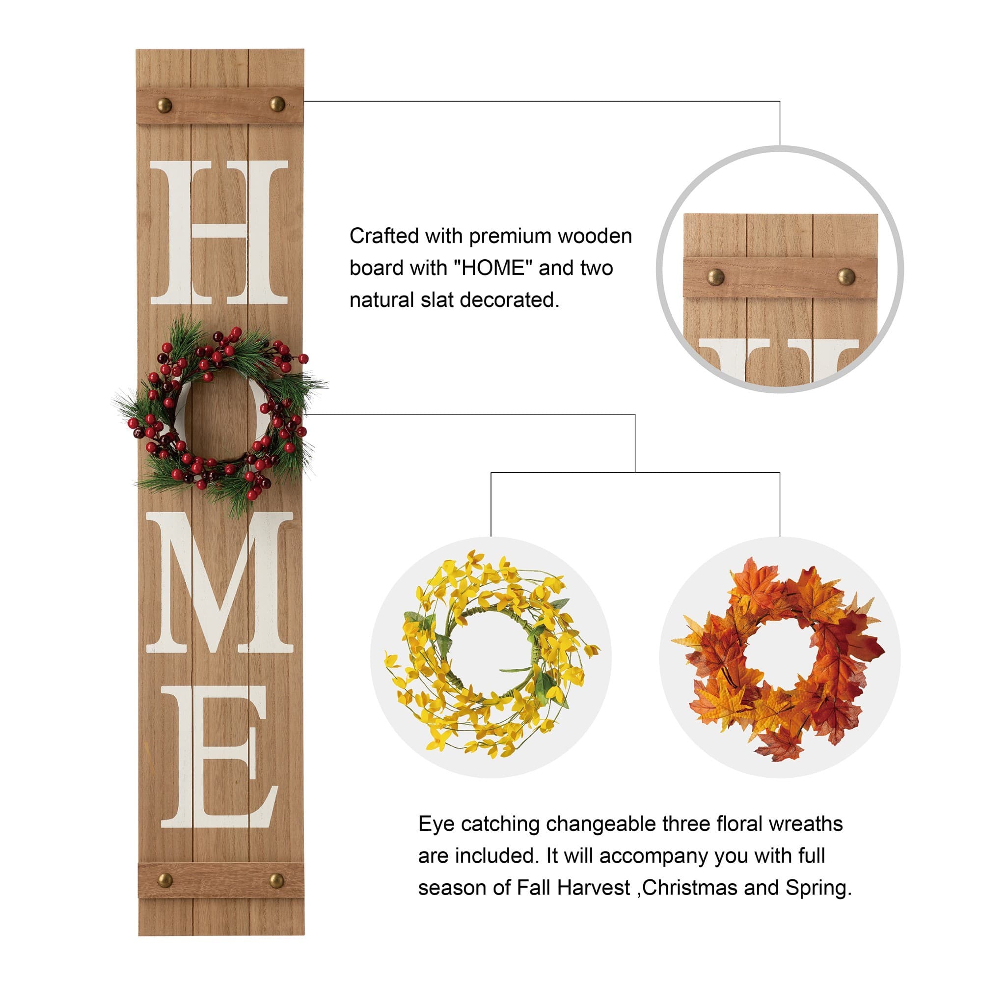 Glitzhome 42&#x22;H Wooden Brown &#x22;HOME&#x22; Porch Sign with 3 Changable Wreaths