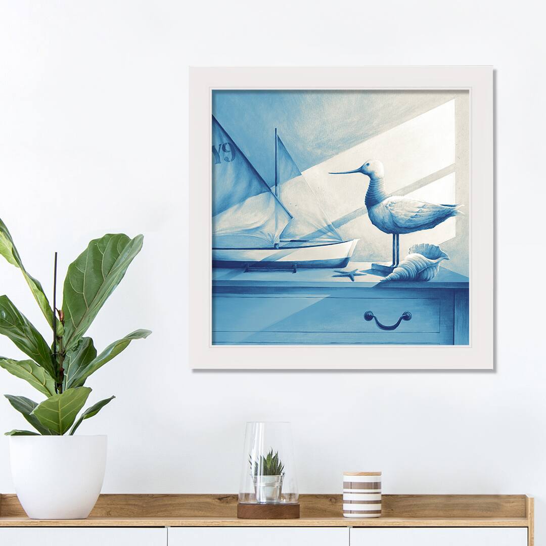 Seagull on a Dresser White Framed Nautical Wall D&#xE9;cor