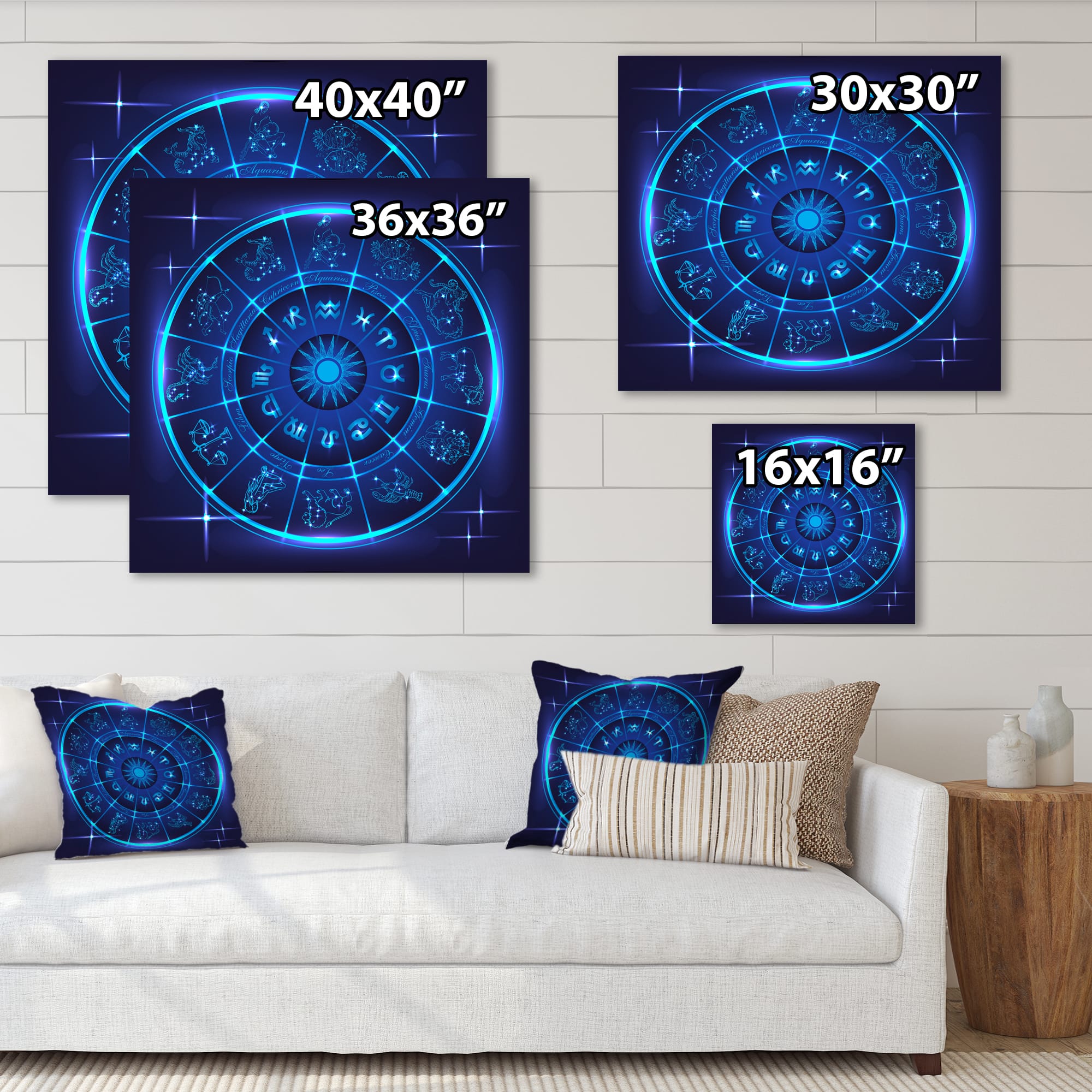 Designart - Neon Deep Blue Horoscope Circle With Zodiac Signs - Modern Canvas Wall Art Print