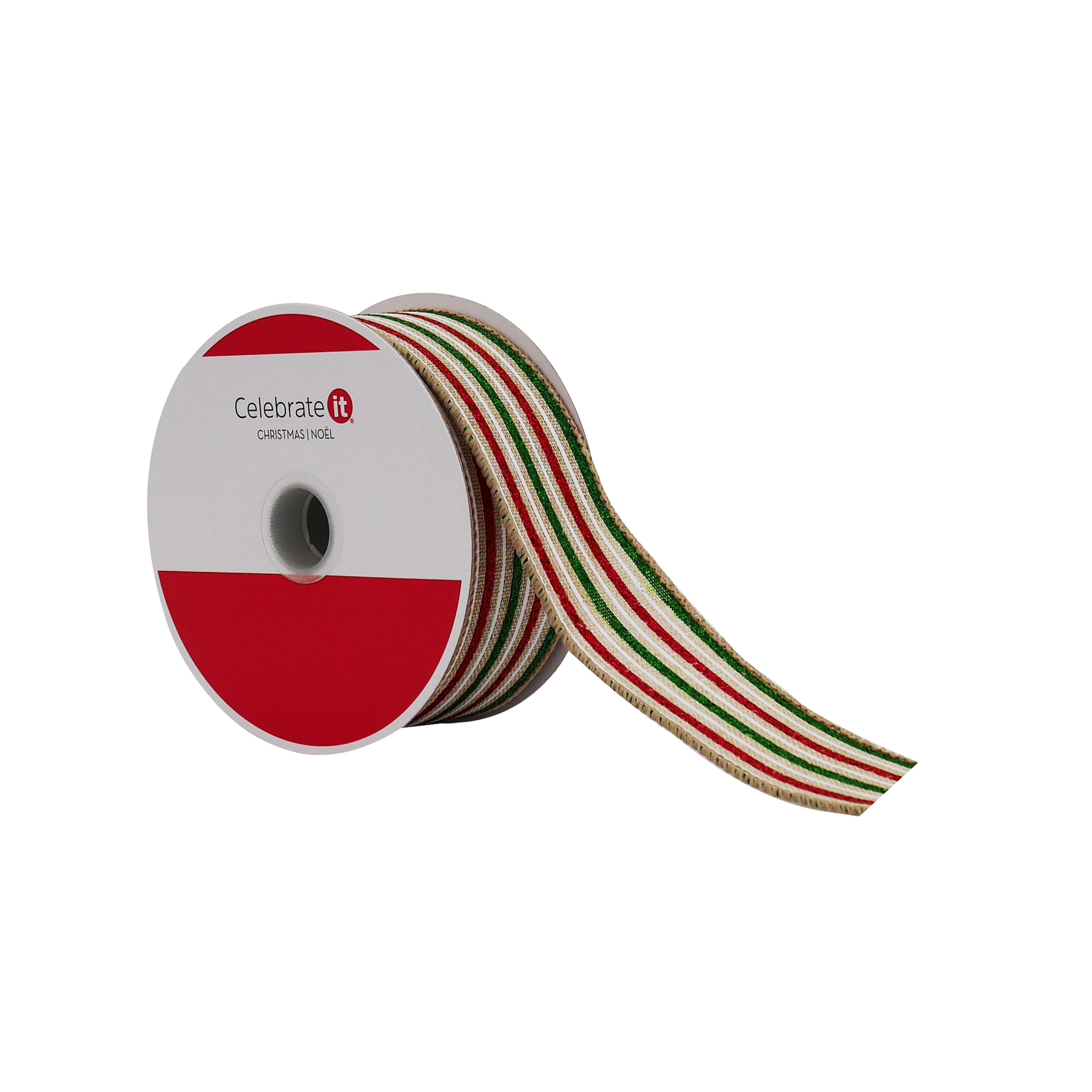 1.5&#x22; x 30ft. Red, Green &#x26; White Stripes Wired Ribbon by Celebrate It&#xAE;
