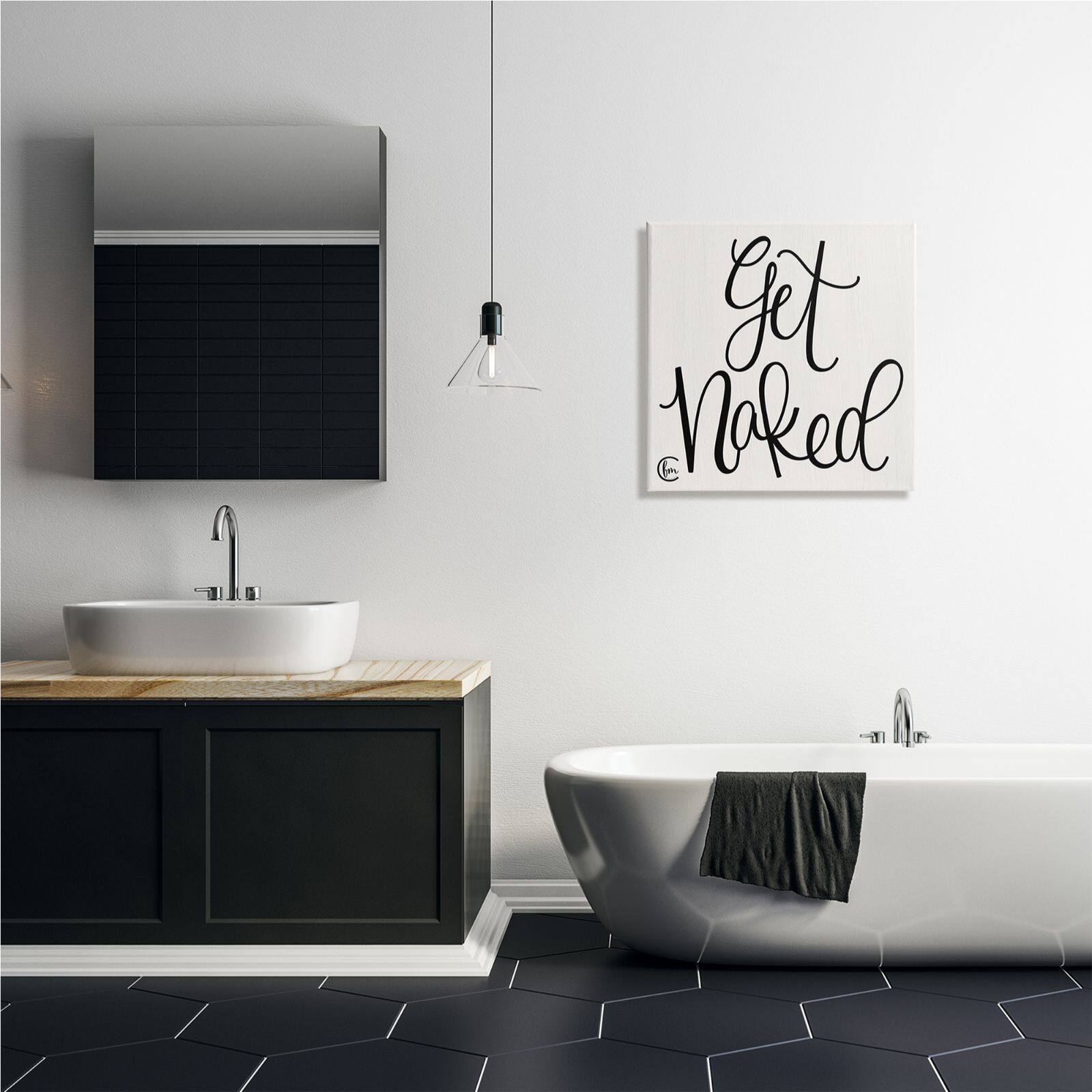 Stupell Industries Get Naked Black and White Curly Script Cursive Typography Canvas Wall Art