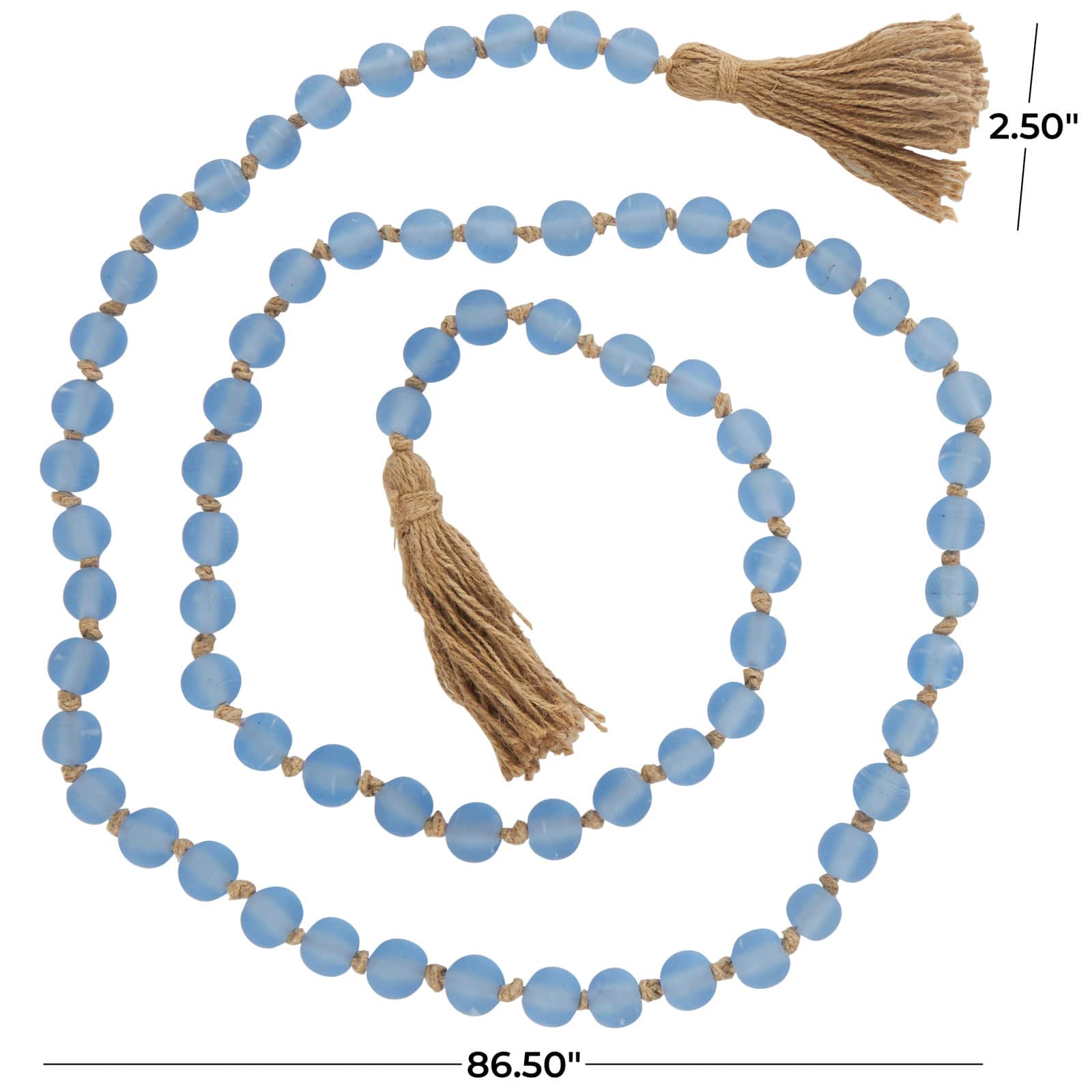 Light Blue Handmade Frosted Glass Beaded Garland with Tassel and Knotted Brown Jute