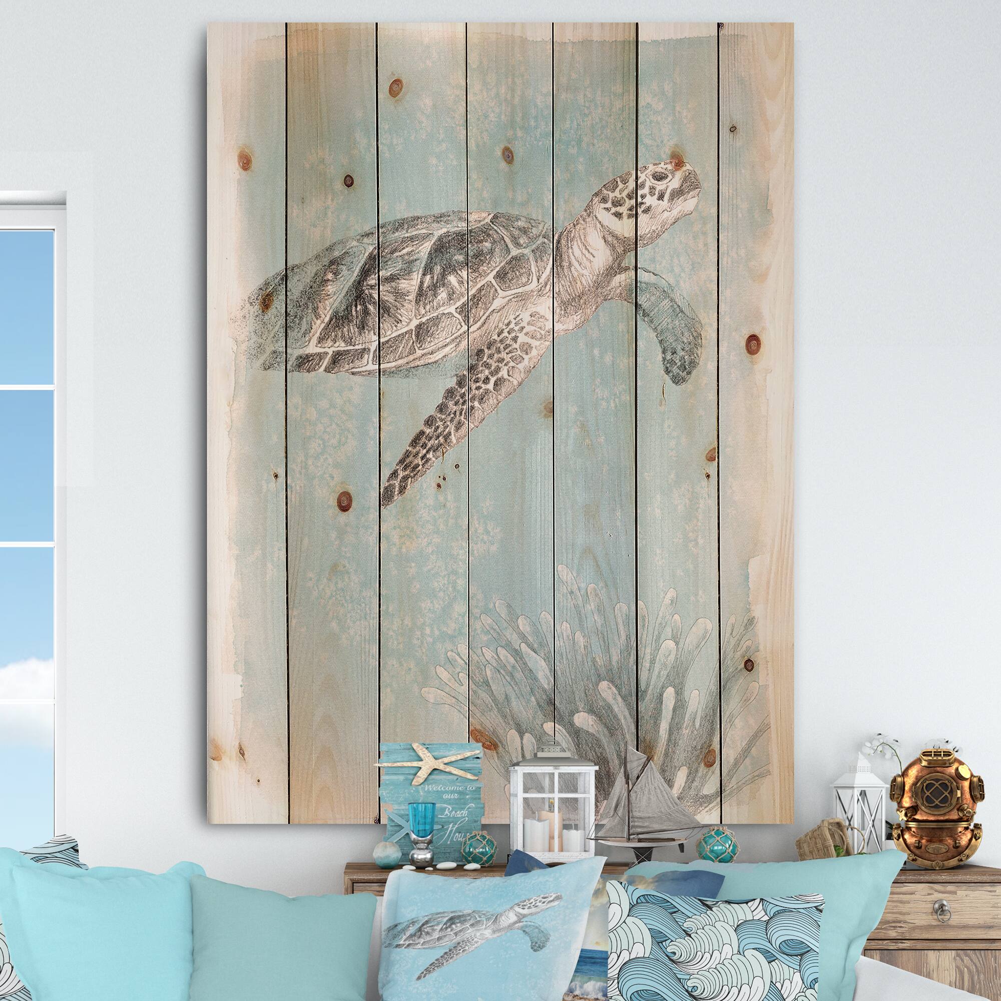 Designart - Coastal Sea Life I Turtle sketches - Nautical &#x26; Coastal Print on Natural Pine Wood