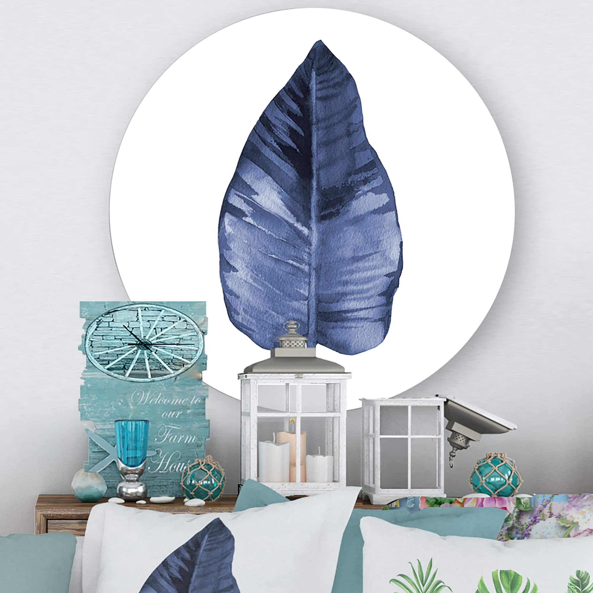 Designart - Blue Leaf Watercolour On White - Traditional Metal Circle Wall Art
