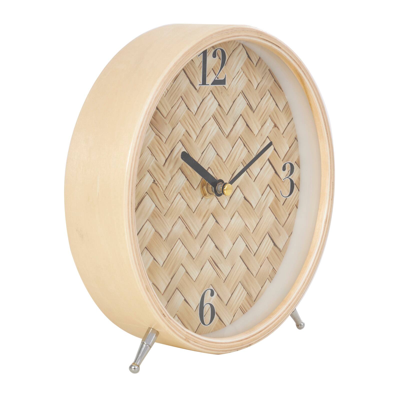 7" Light Brown Wood Woven Chevron Patterned Clock with Silver Legs