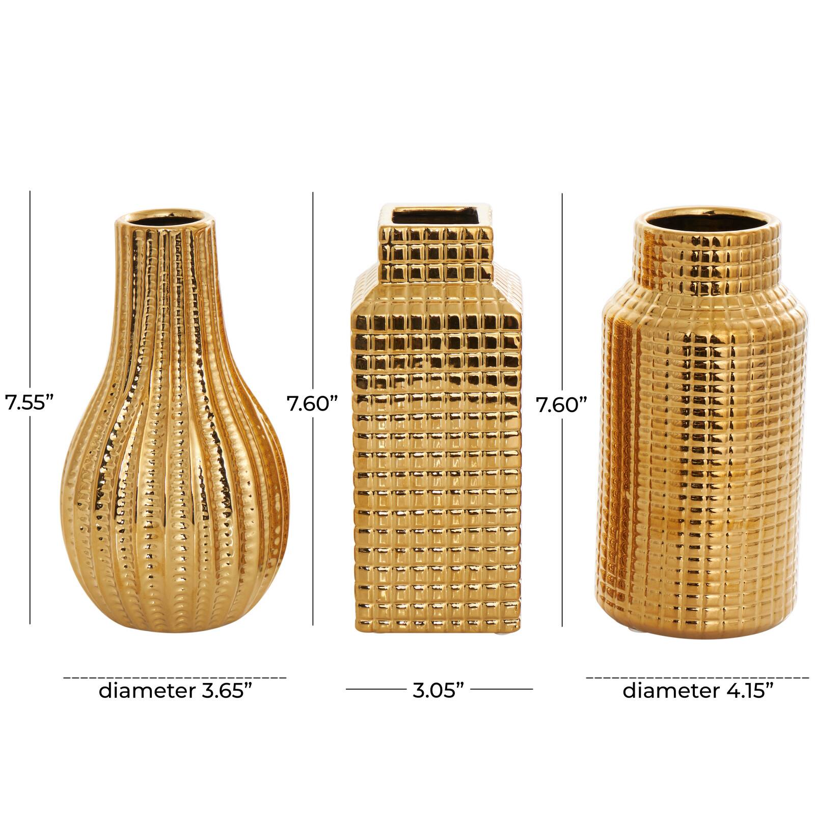 8" Gold Ceramic Geometric Dimensional Textured Vase Set with Grid Patterns