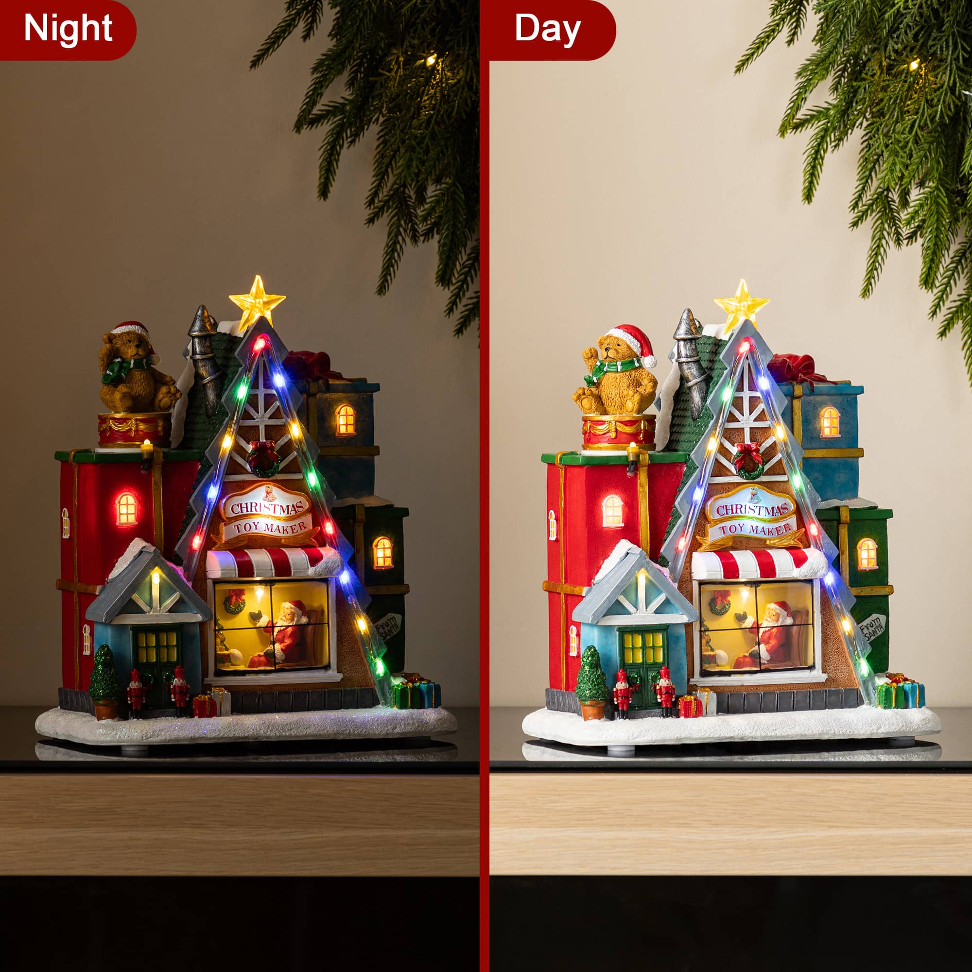 Glitzhome&#xAE; 10.75&#x22; Lighted CHRISTMAS TOY MARKET Resin Village with Movement and Music