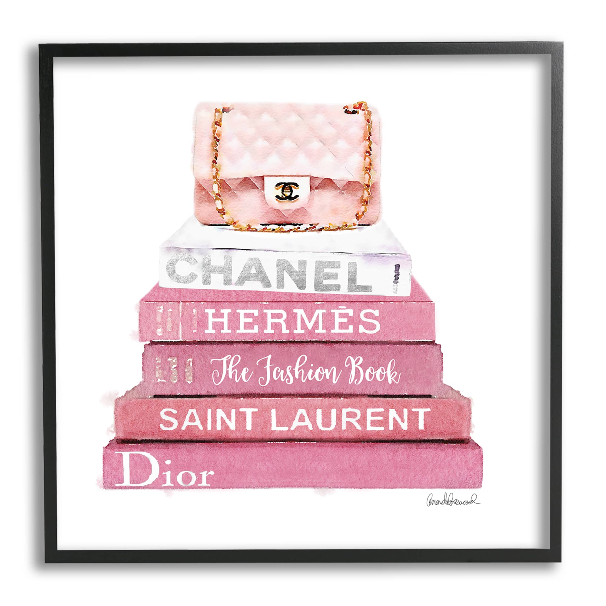 Stupell Industries Pink Book Stack Fashion Handbag in Black Frame Wall Art