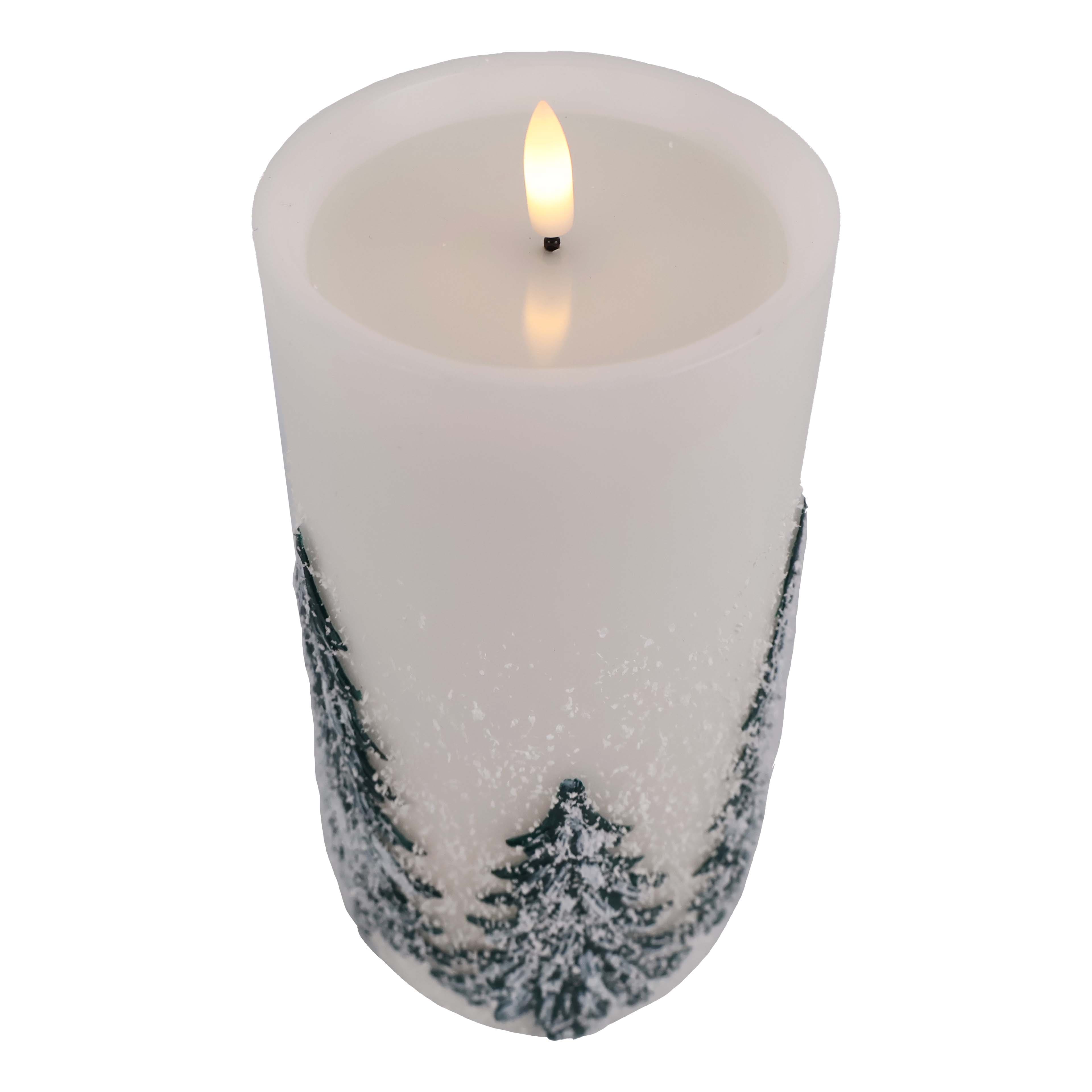 8&#x22; Flocked Trees LED Wax Pillar Candle by Ashland&#xAE;