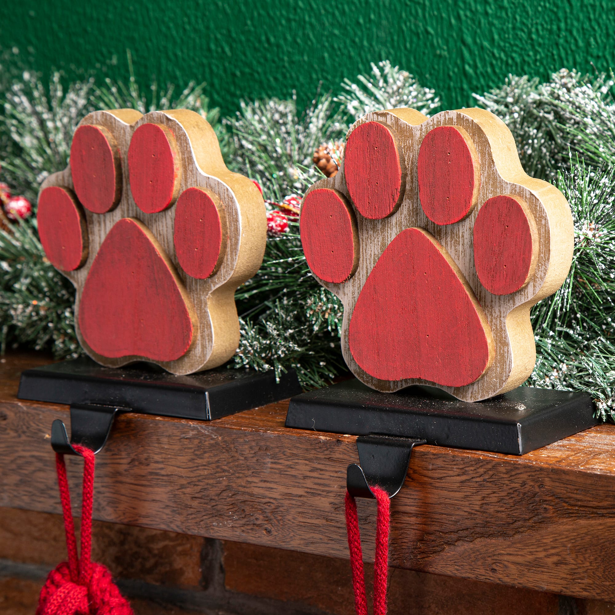 Glitzhome&#xAE; Paw Print Christmas Stocking Holder Set