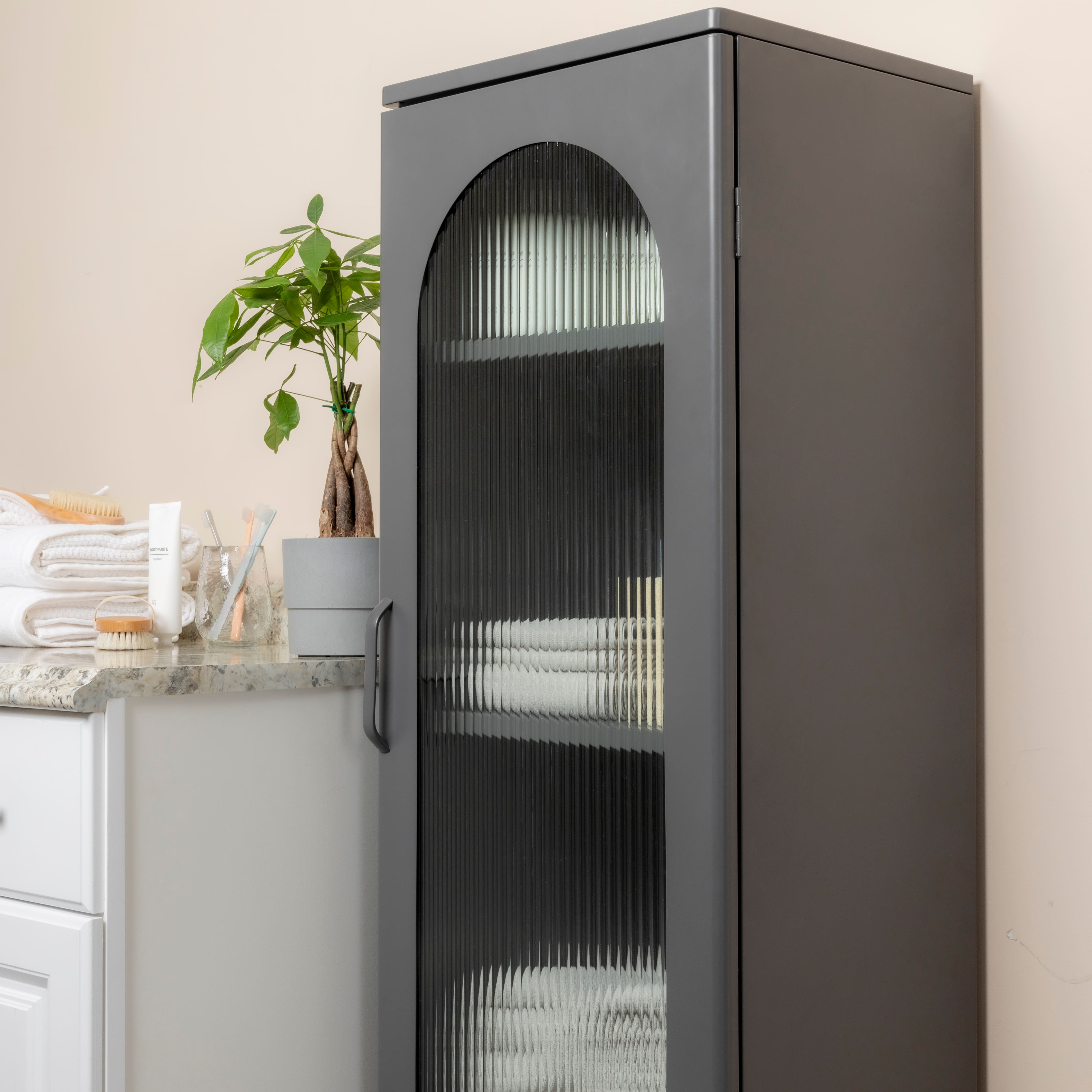 Hello Honey&#xAE; Solstice 5ft. Tall Metal Accent Cabinet with Arched Glass Door