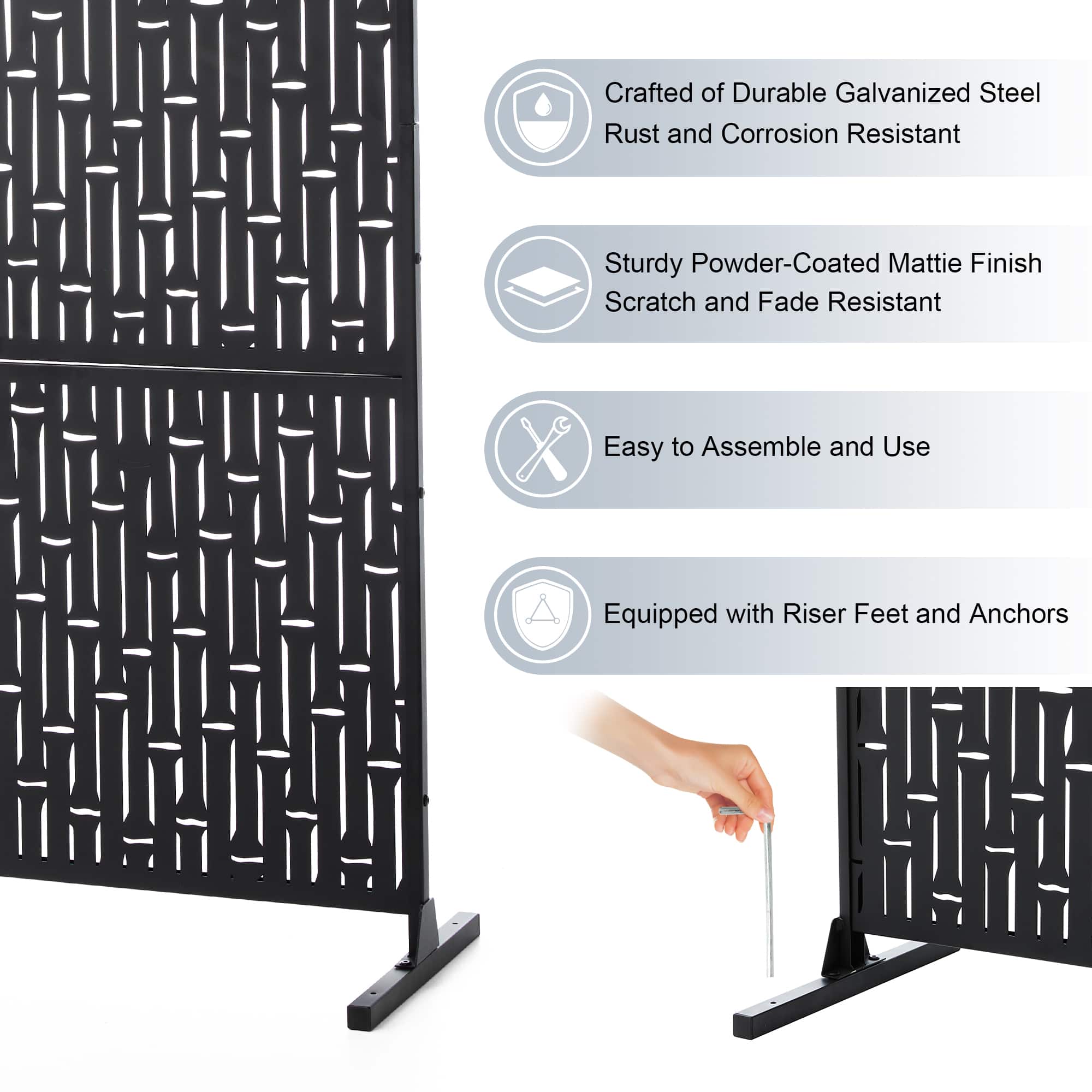 Glitzhome&#xAE; 6ft. Black Galvanized Steel Bamboo Pattern Privacy Screen Fence Panel &#x26; Room Divider