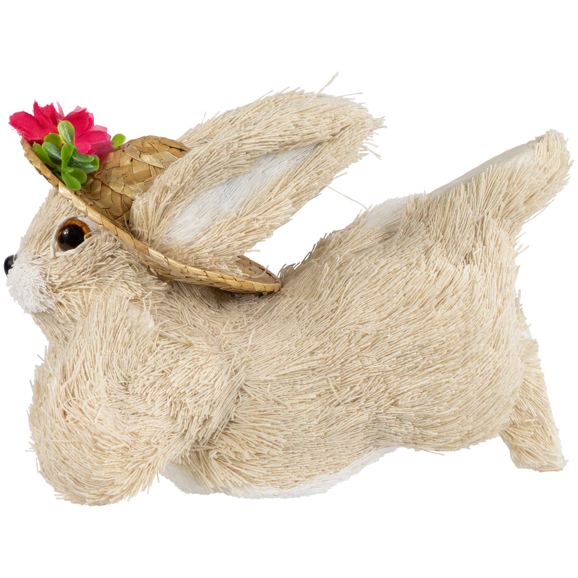 8.75&#x22; Beige Rabbit with Floral Straw Hat Easter Figurine