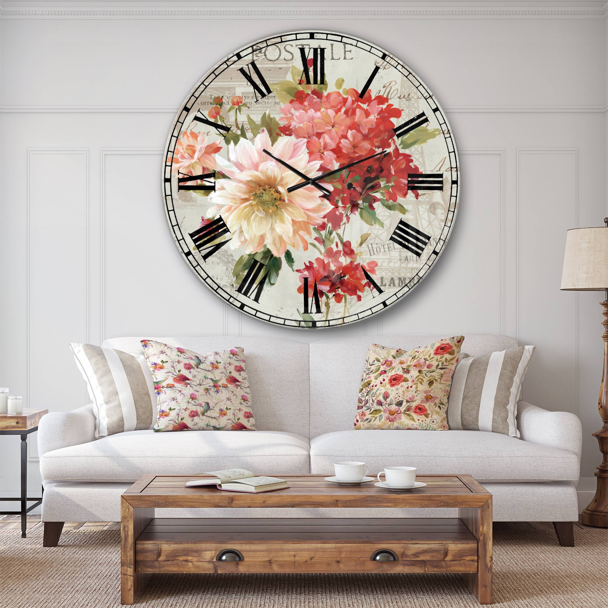 Designart &#x27;Red Painted Flowers On Vintage Postcard I Traditional Wall Clock