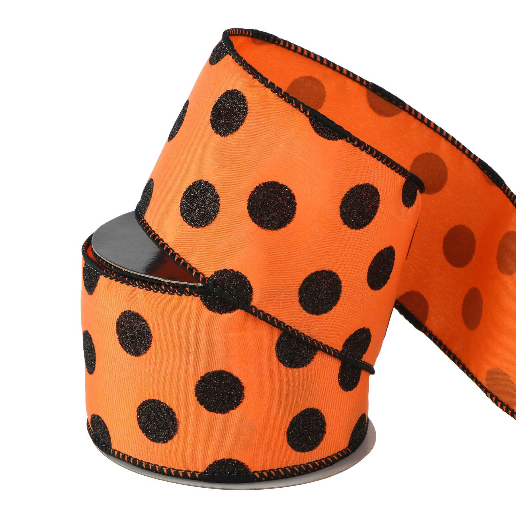 2.5&#x22; x 6.6yd. Orange with Black Glitter Dots Wired Faux Linen Ribbon by Celebrate It&#xAE;