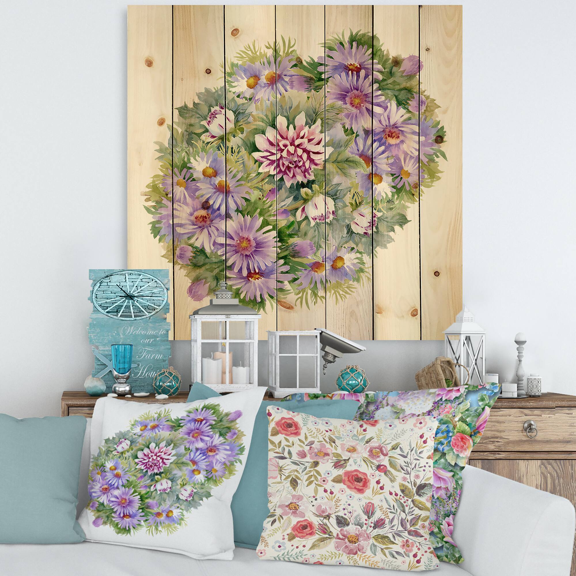 Designart - Bouquet With Purple Chrysanthemums and Daisies - Traditional Print on Natural Pine Wood